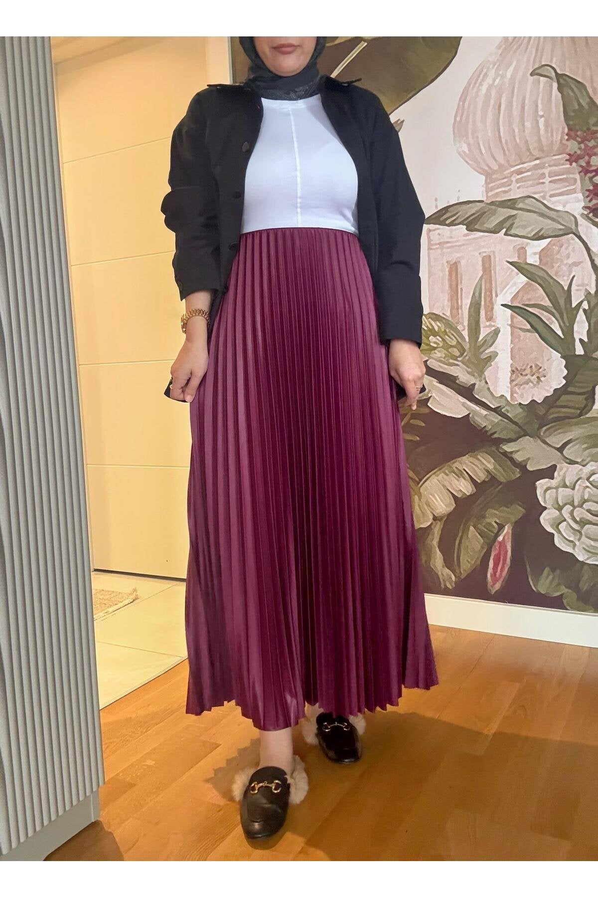 Pileli Maxi Boy Etek Bordo