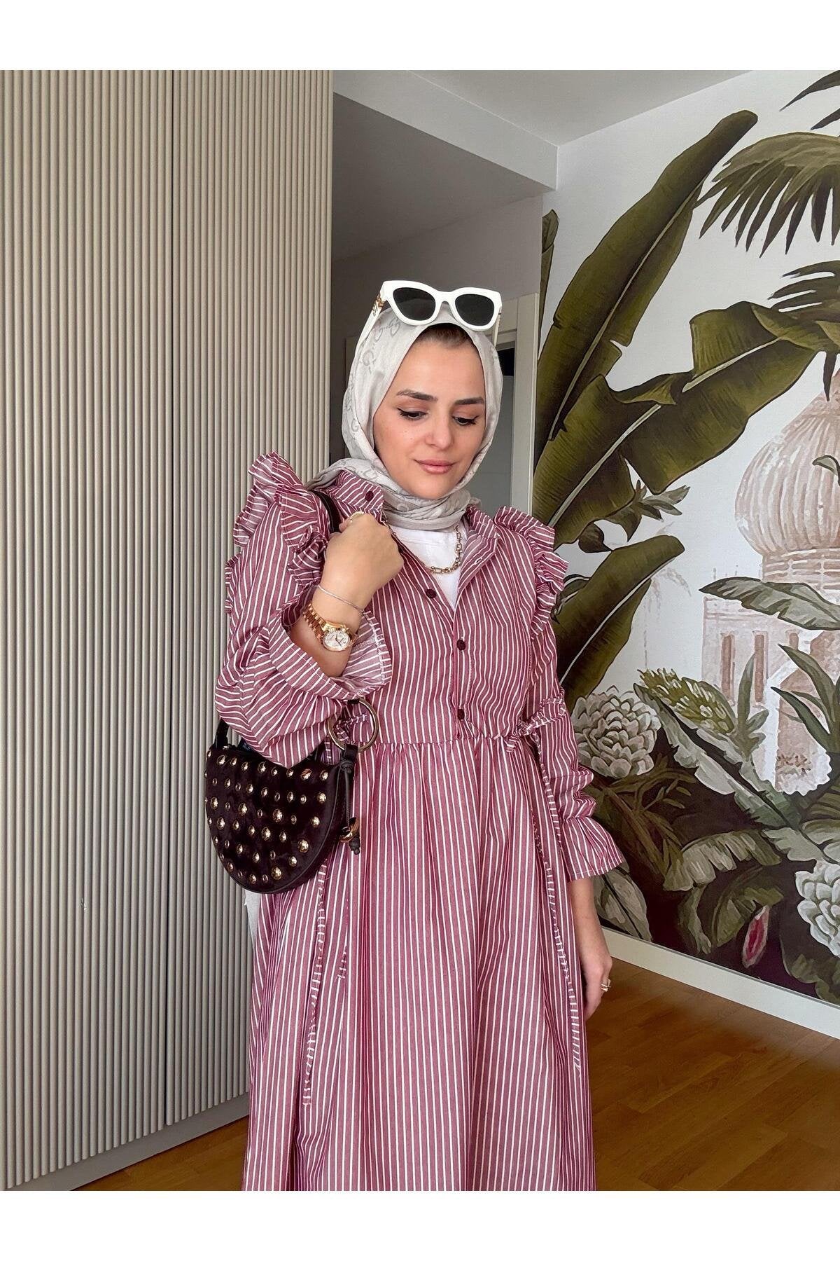 Çizgili Gömlek Elbise Robalı Düğmeli Bordo