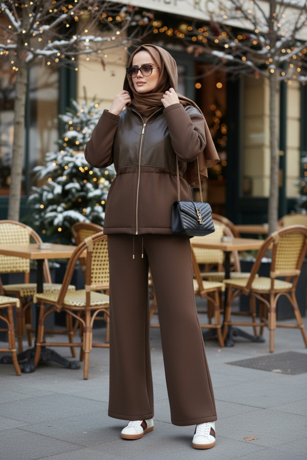 Milano Leather Set – Deri Detaylı Üç İplik Şardonlu Tesettür Takım Hakiyeşil
