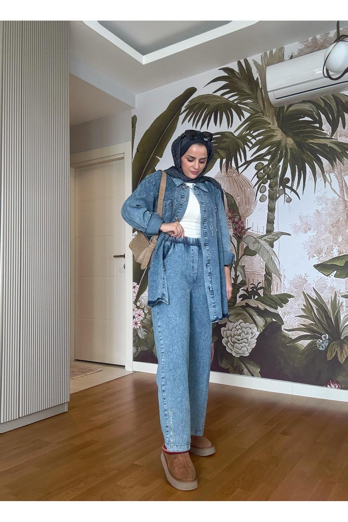 Üçgen Şerit Taş  Detaylı Denim Gömlek İkili Takım Açık  Mavi