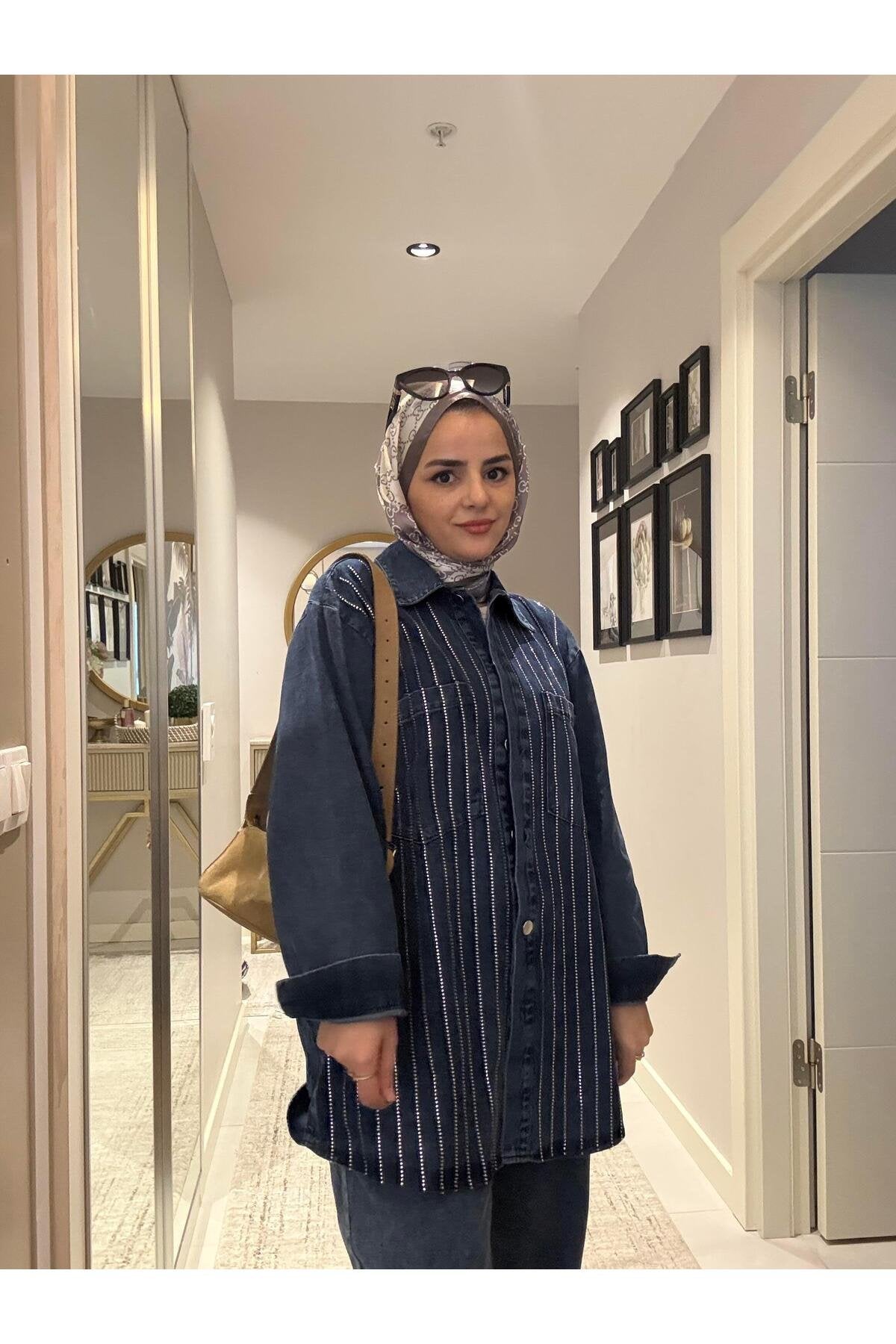 Taş Detaylı Denim Gömlek İkili Takım Koyu Mavi