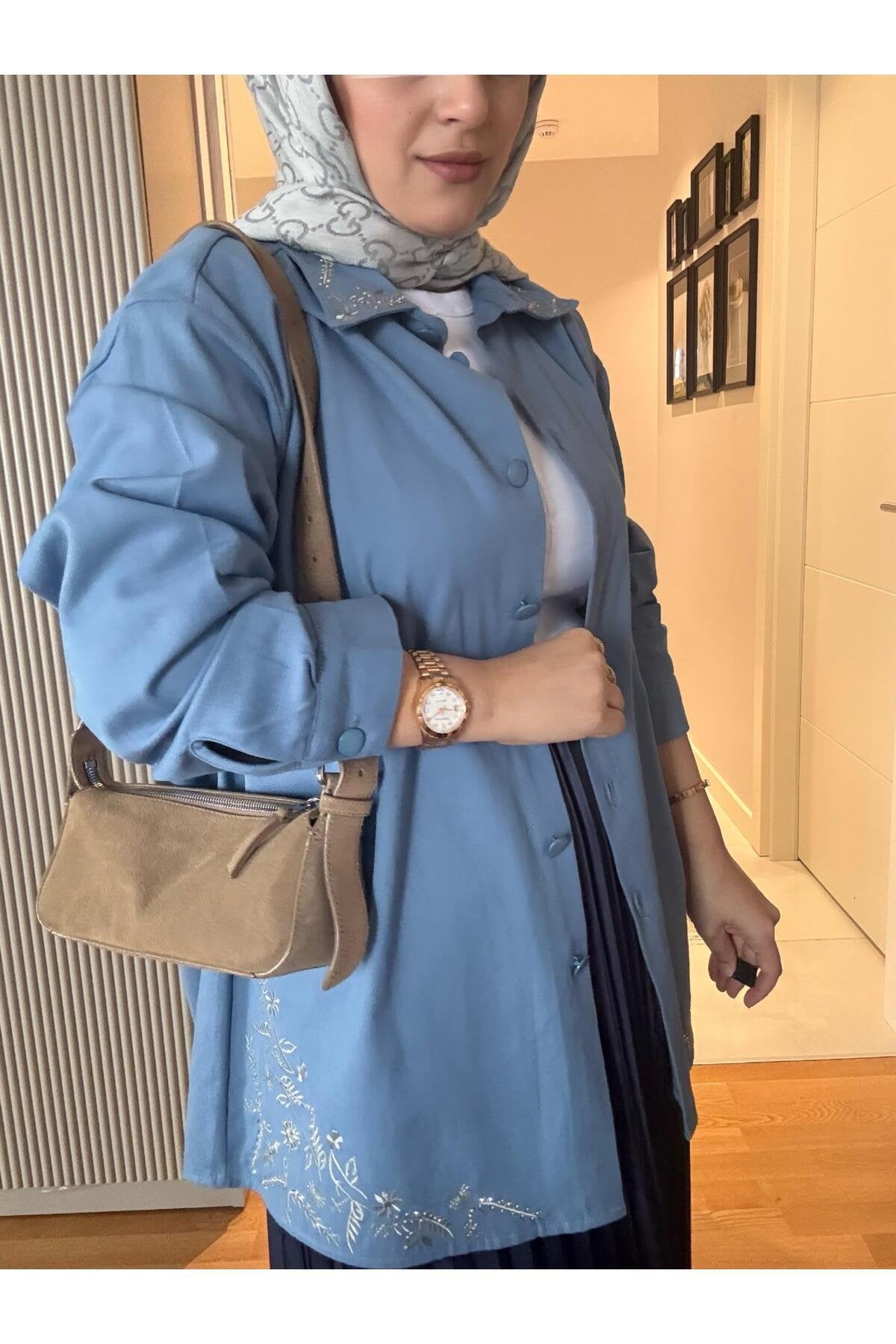 Nakışlı Taşlı Denim Ceket Gömlek Siyah