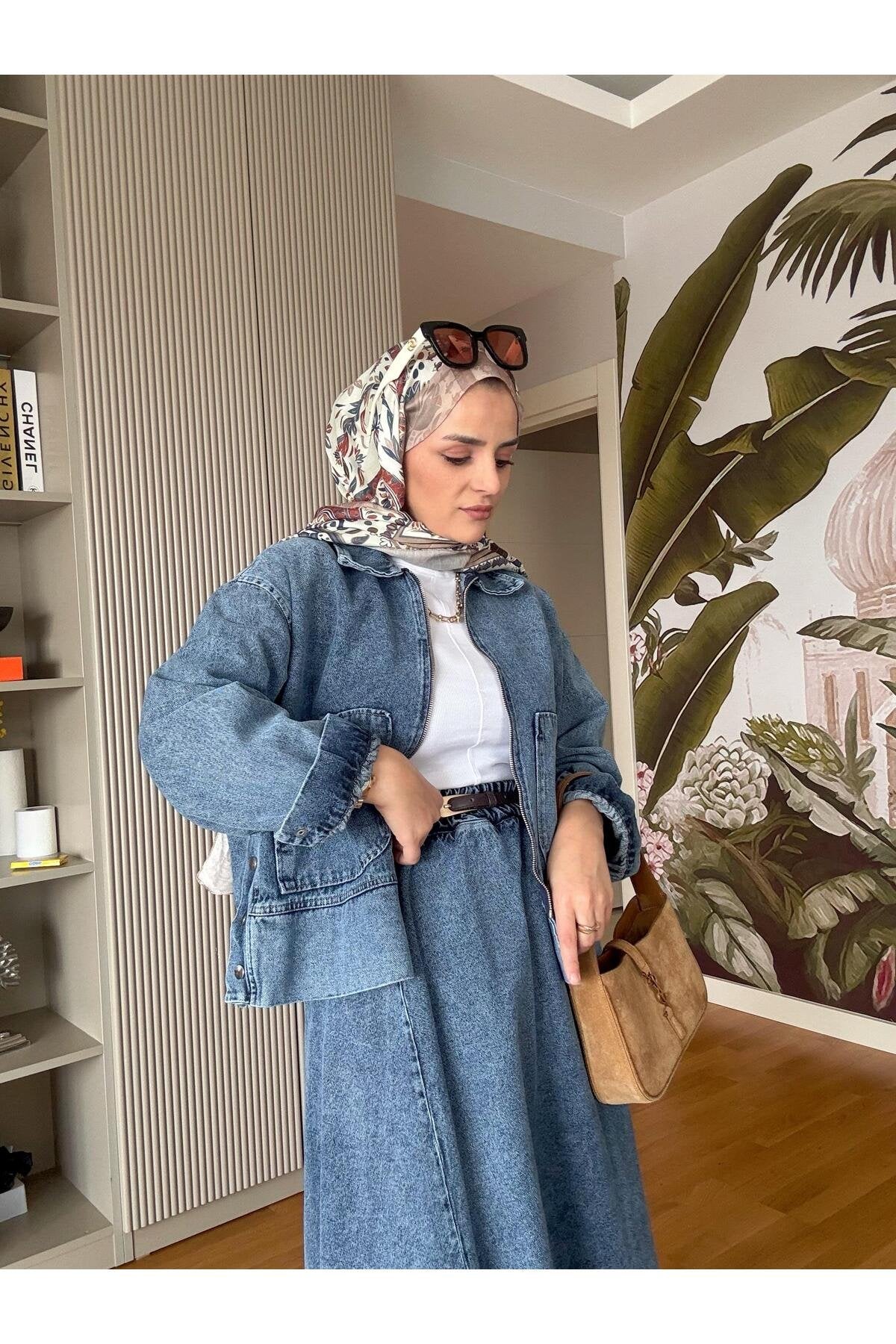 Denim Fermuarlı Çan Etek Takım Lacivert
