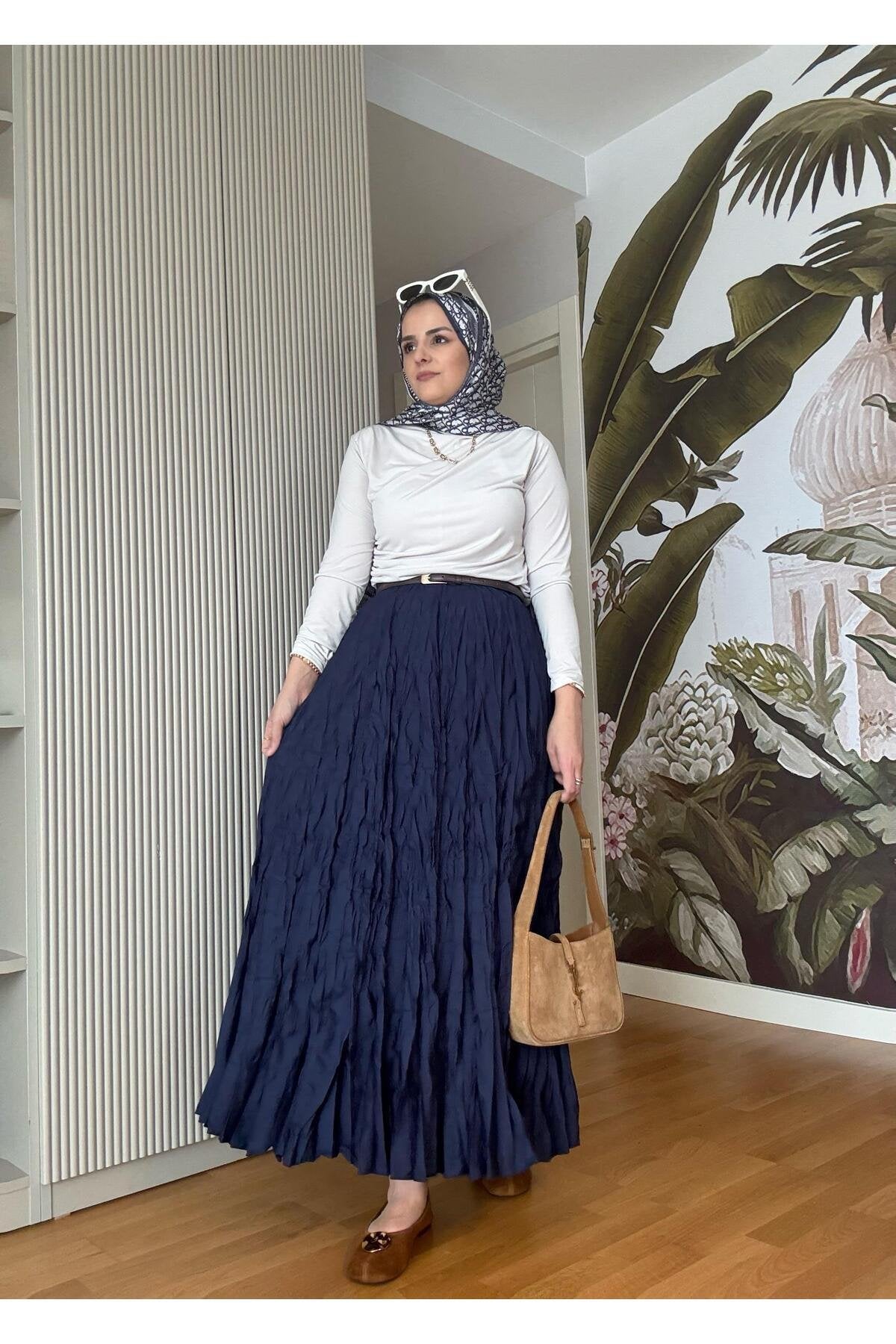 Kırışık Kumaşlı Etekli Takım Lacivert