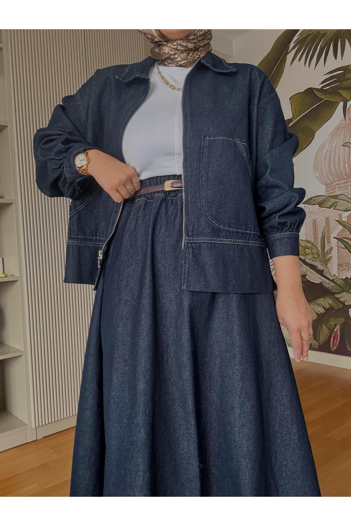 Denim Fermuarlı Çan Etek Takım Lacivert