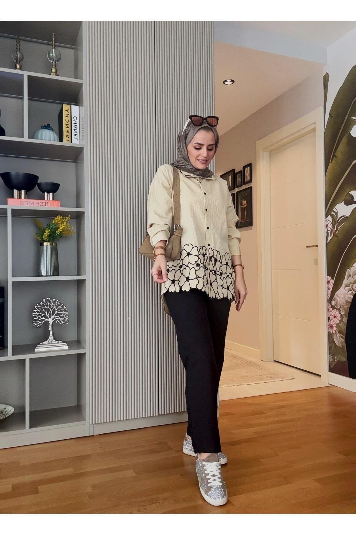 Gömlek Çiçekli Nakışlı Pamuklu İkili Takım Yağ yeşili