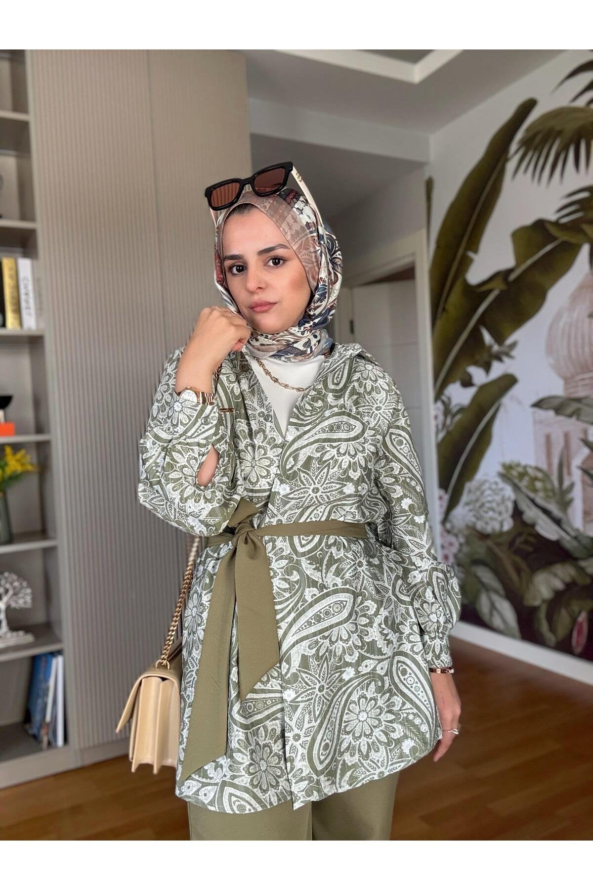 Bahar Pamuklu Gömlek Desenli Krep Pantolon Takım Vizon