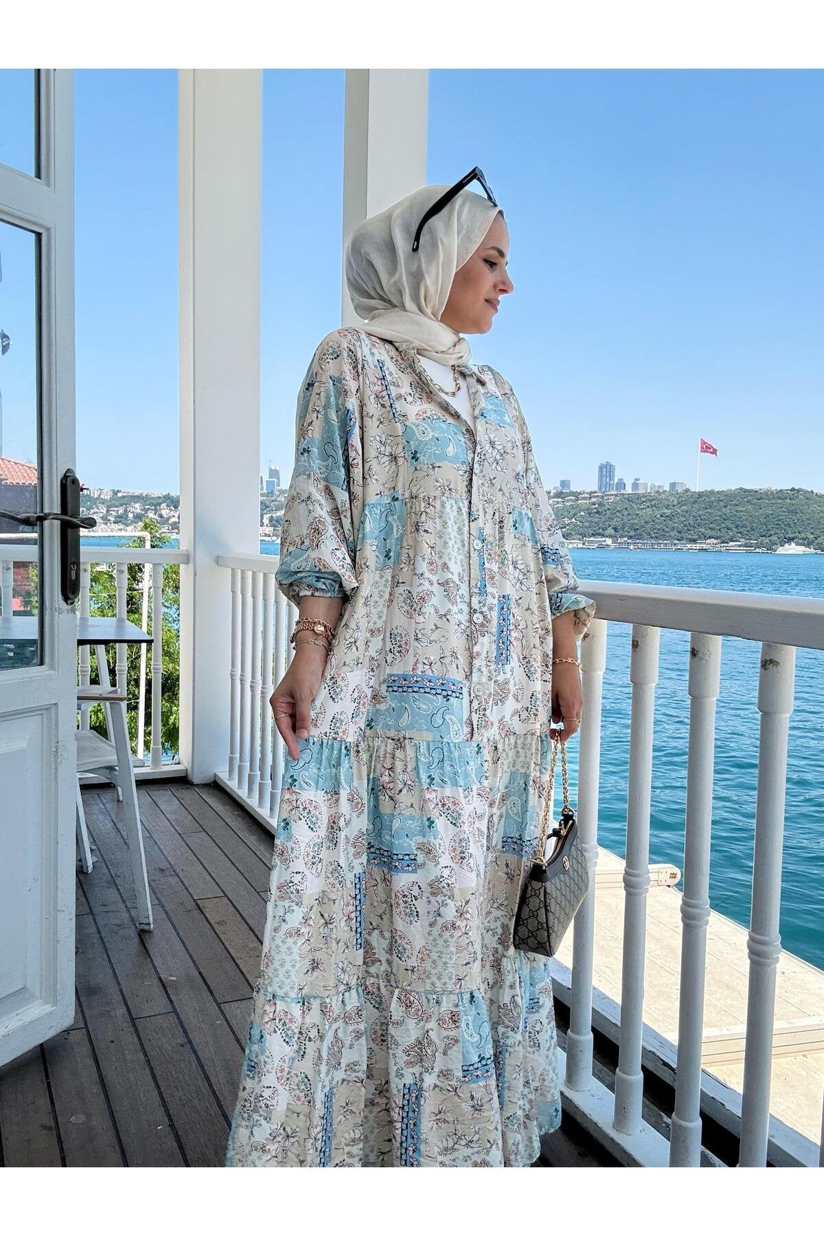 Etnik Desenli Robalı Yazlık Elbise | Düğmeli ve Rahat Kesim Bej-mavi