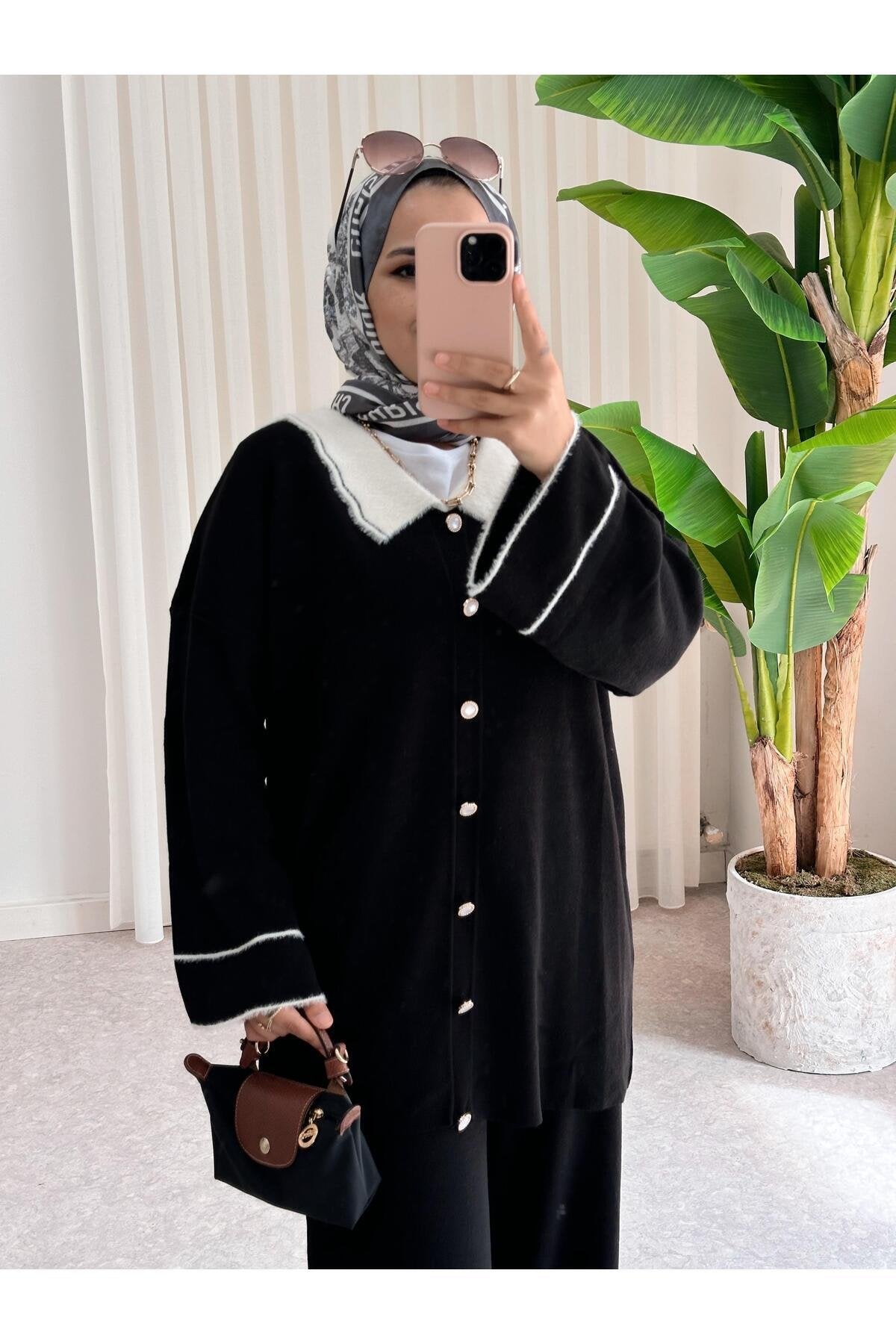 Gömlek Yaka Düğmeli Triko Takım Siyah