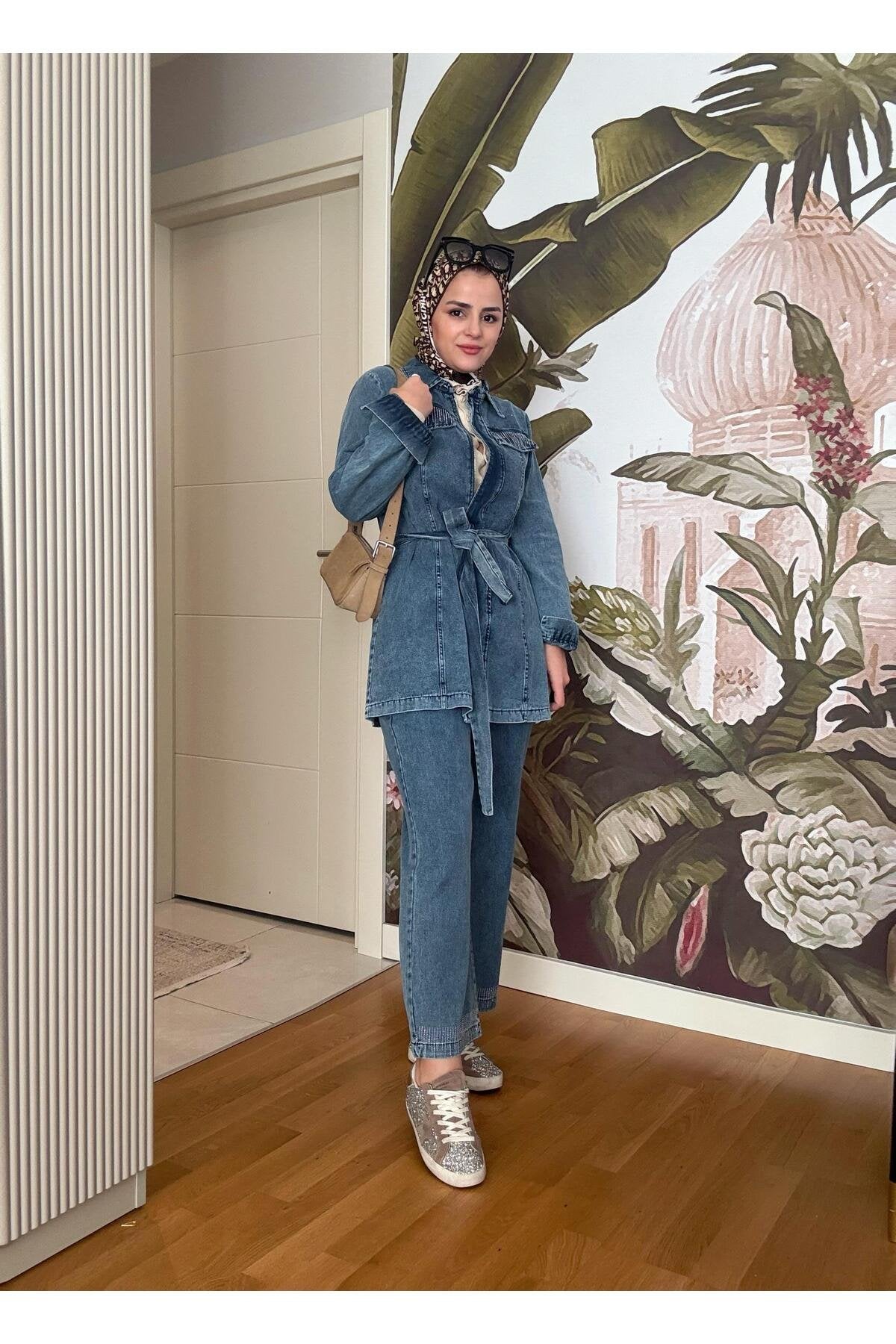 Kemerli Taş Detaylı Denim Gömlek İkili Takım Koyu Mavi