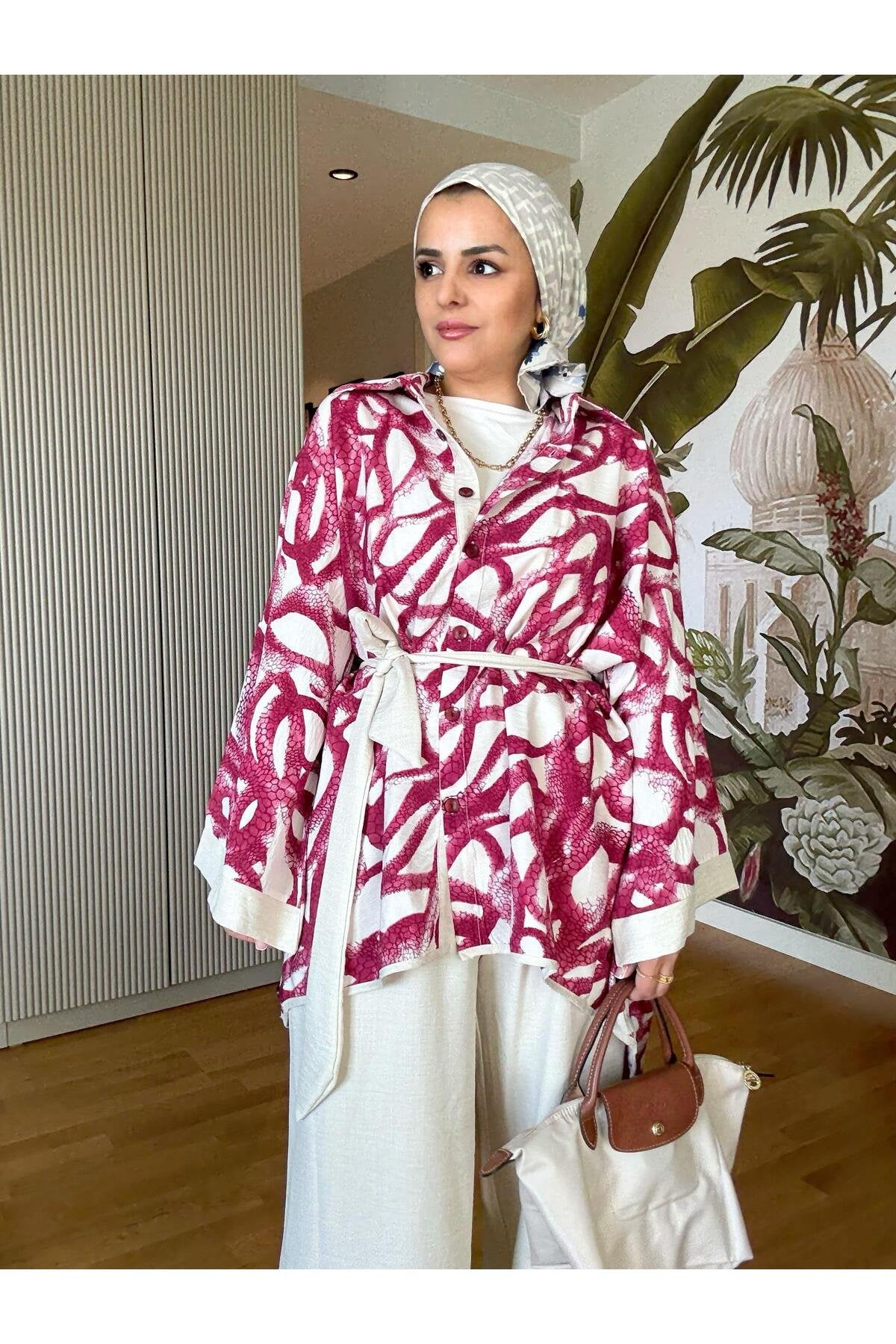 Yılan Desenli Pamuk Keten Kimono Takım | Yazlık Rahat Tesettür İkili Takım Siyah