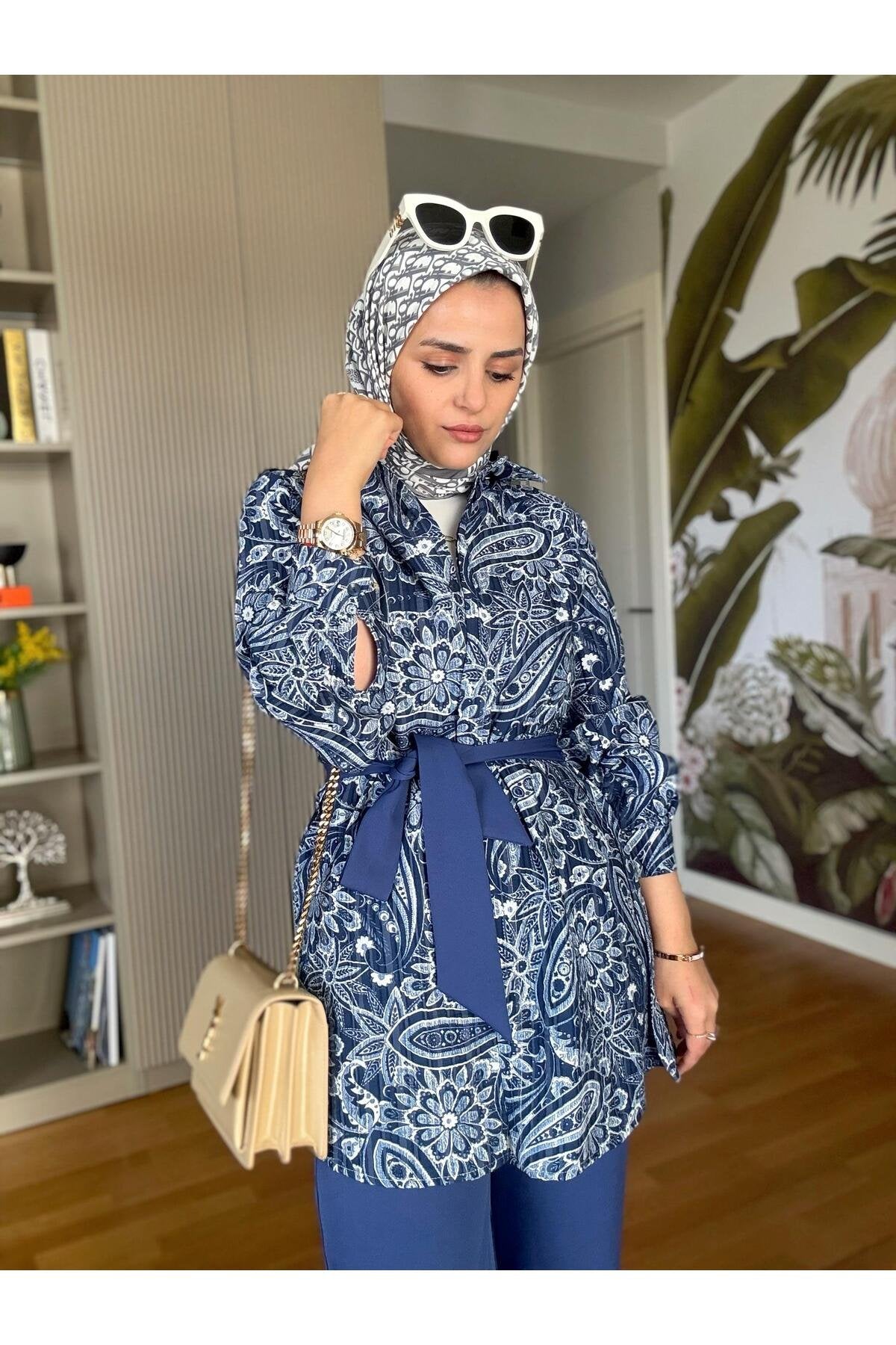 Bahar Pamuklu Gömlek Desenli Krep Pantolon Takım Vizon