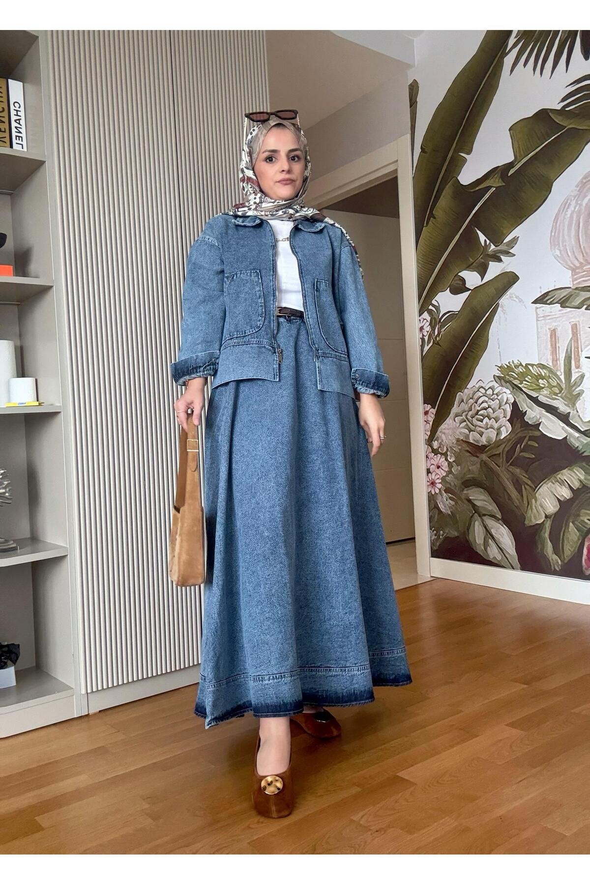 Denim Fermuarlı Çan Etek Takım Lacivert