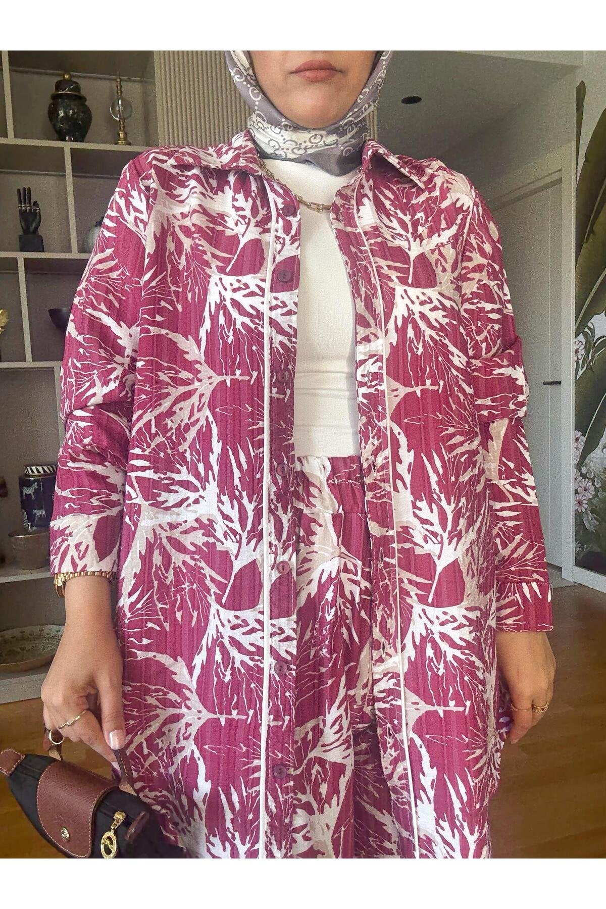 Pamuk Keten Desenli Biyeli Gömlek Takım Pembe