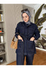 Cepli Denim Kuşaklı Ceket Takım Koyu Mavi