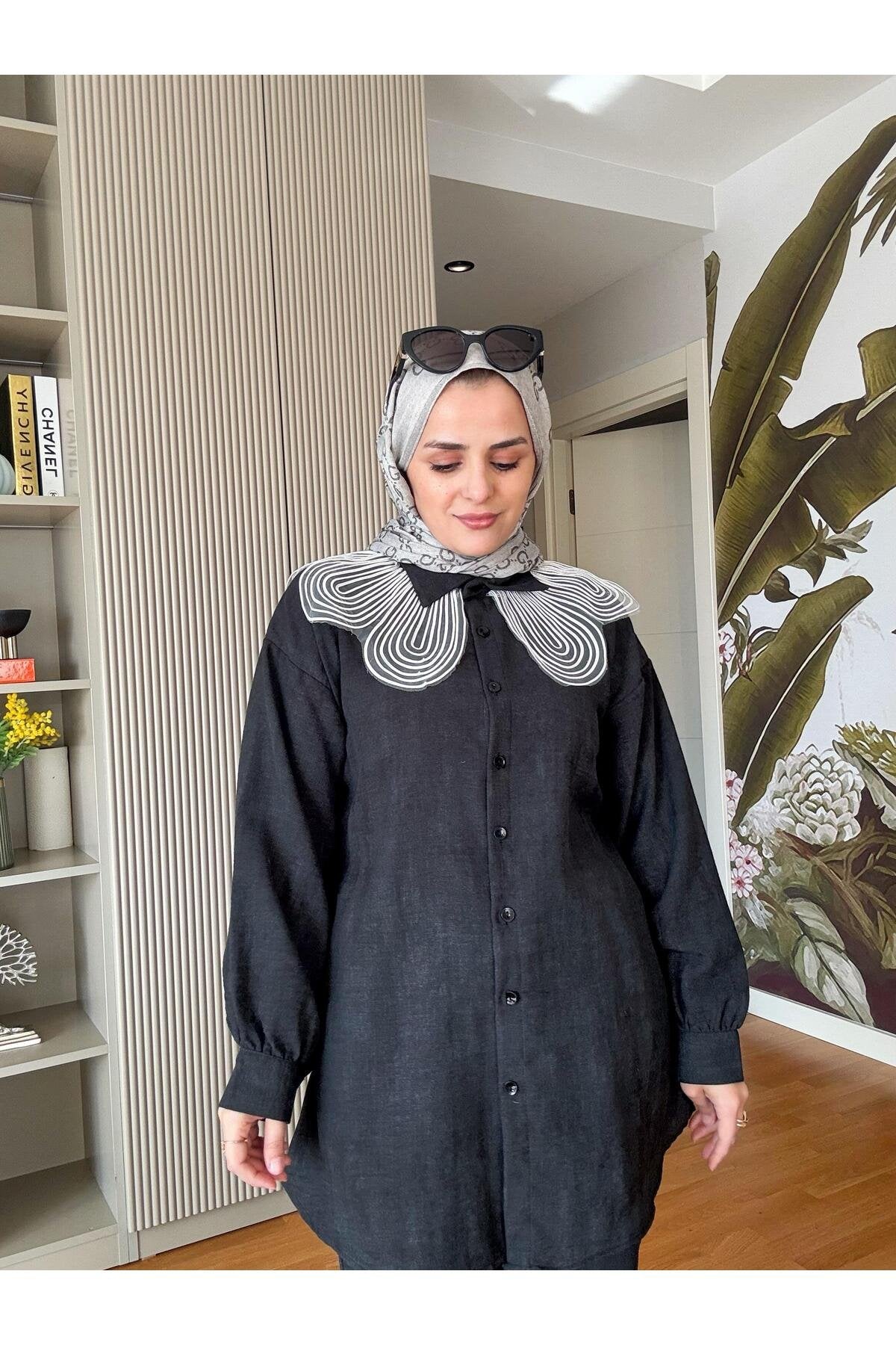 Keten Dantel Yaka Detaylı Gömlek Takım Siyah