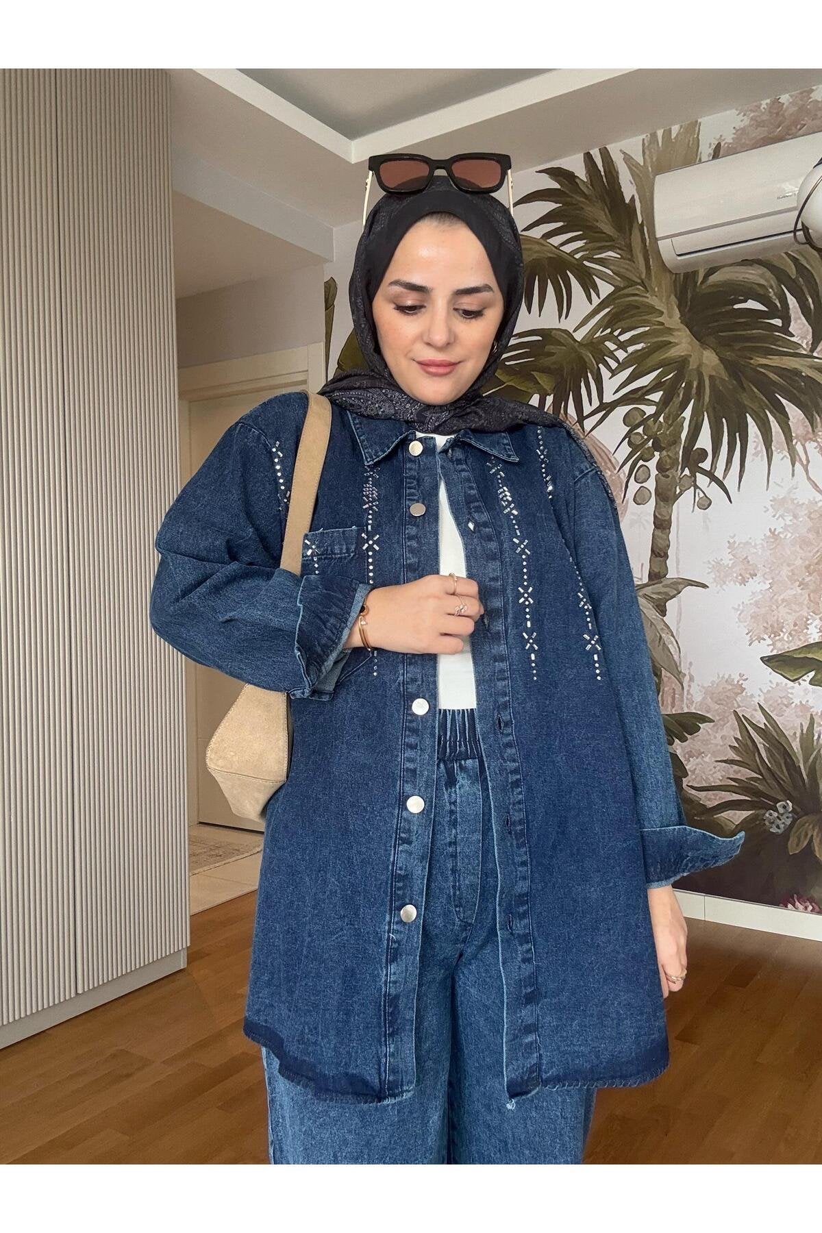 Üçgen Şerit Taş  Detaylı Denim Gömlek İkili Takım Açık  Mavi