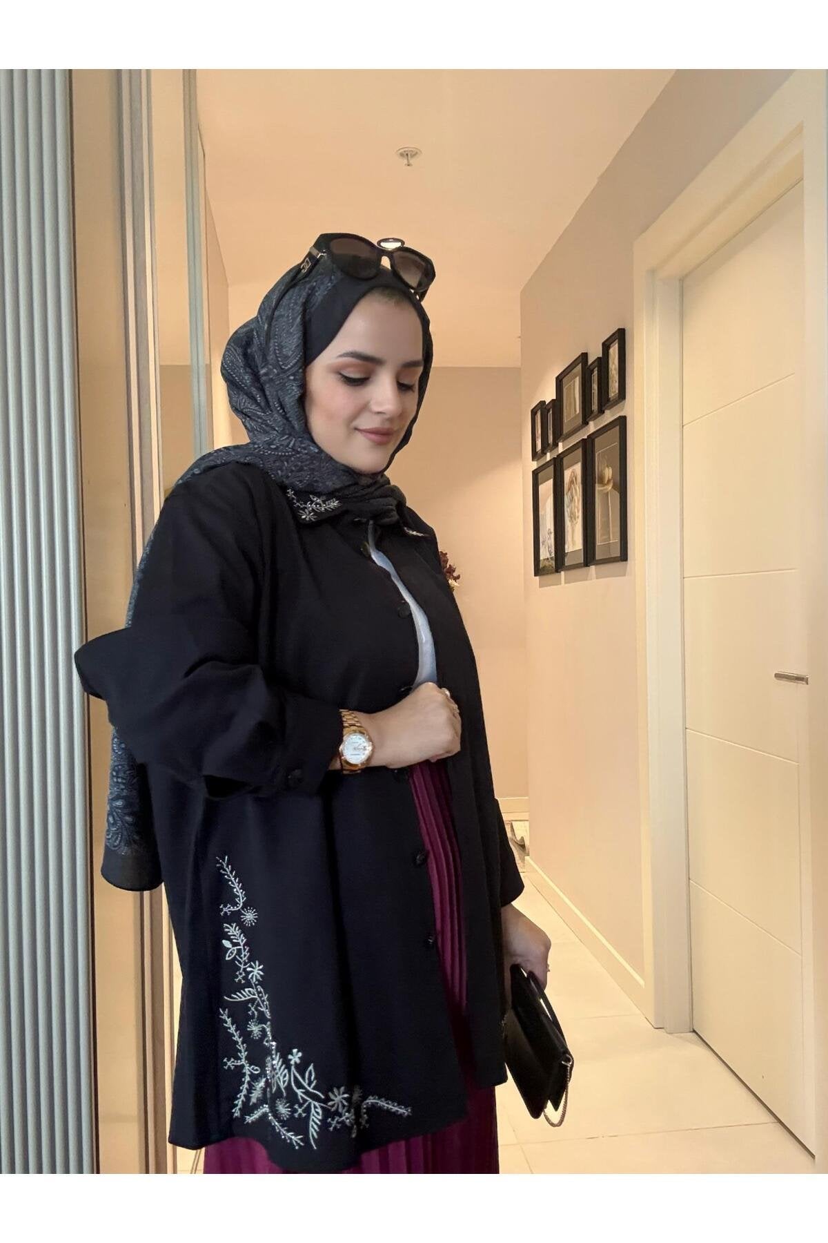 Nakışlı Taşlı Denim Ceket Gömlek Siyah