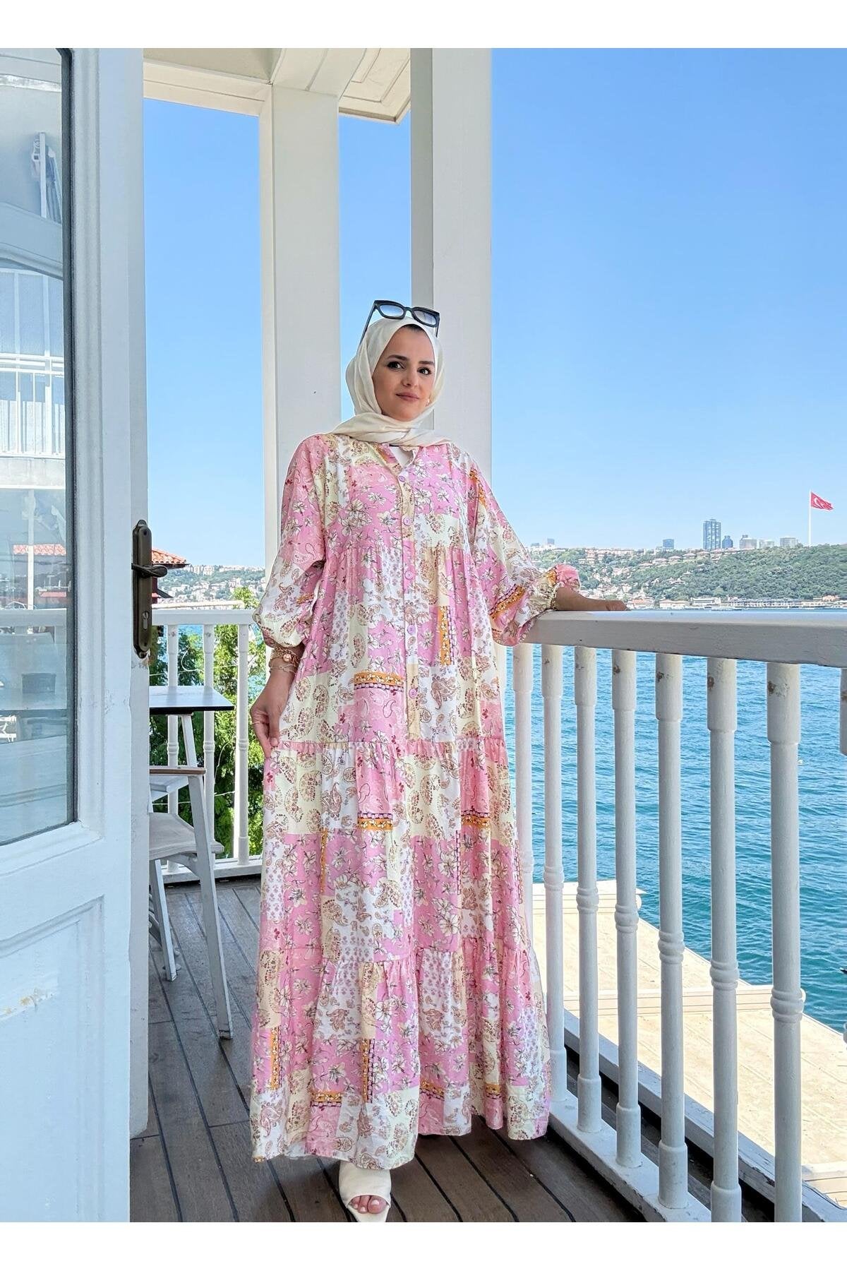 Etnik Desenli Robalı Yazlık Elbise | Düğmeli ve Rahat Kesim Bej-mavi