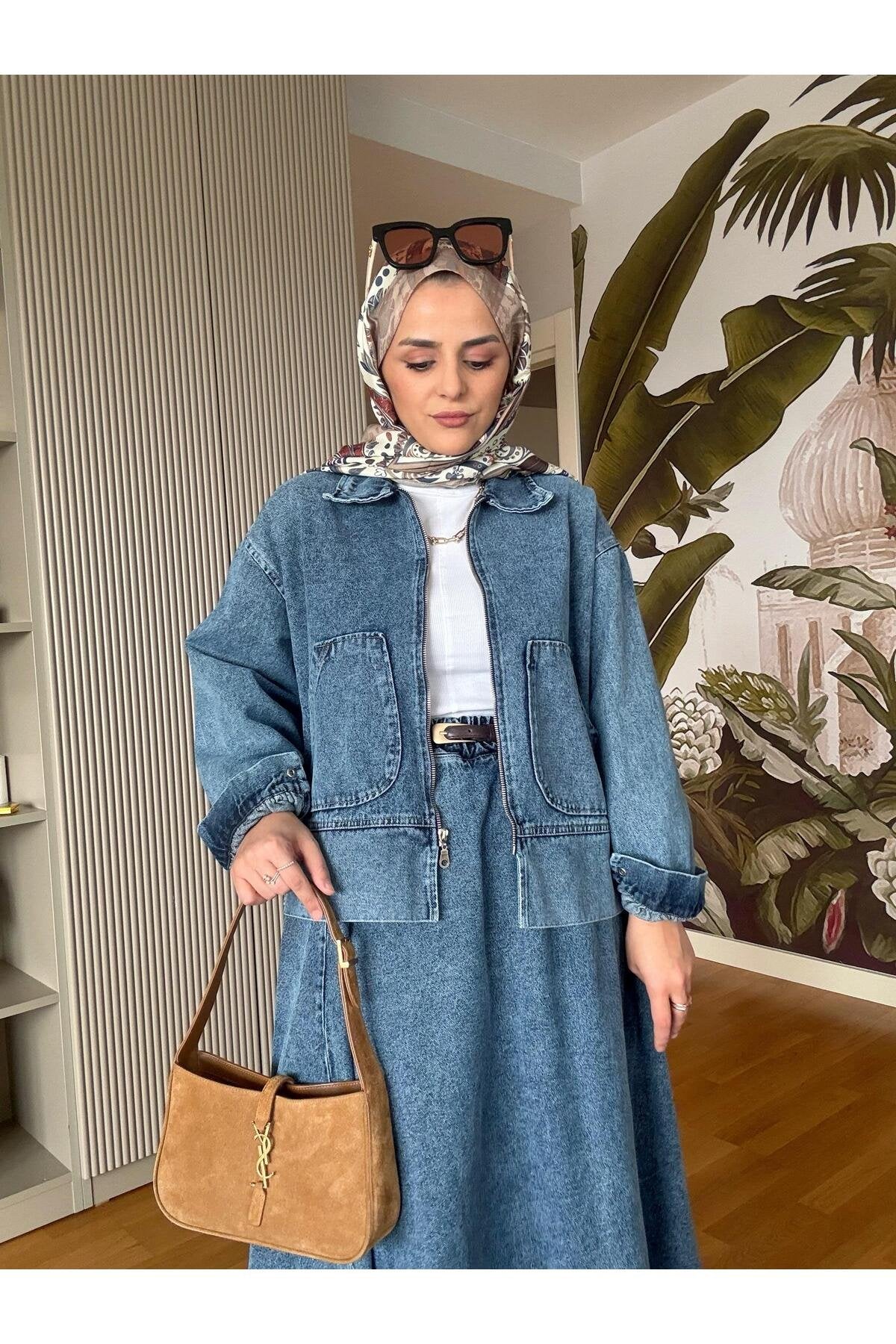 Denim Fermuarlı Çan Etek Takım Lacivert