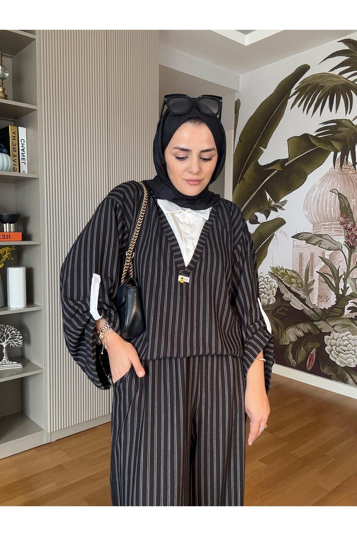 Çizgili Gömlekli Geniş Kol Düğmeli Takım Lacivert