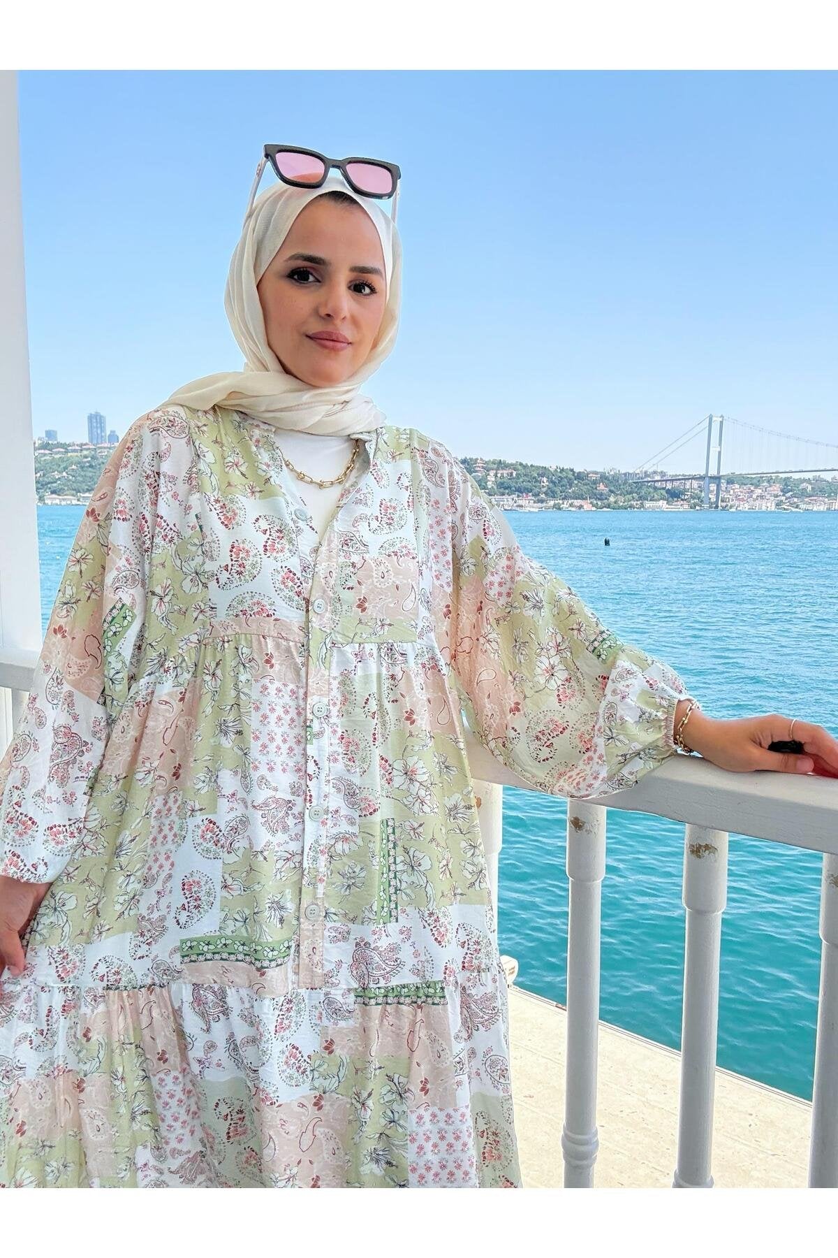 Etnik Desenli Robalı Yazlık Elbise | Düğmeli ve Rahat Kesim Bej-mavi