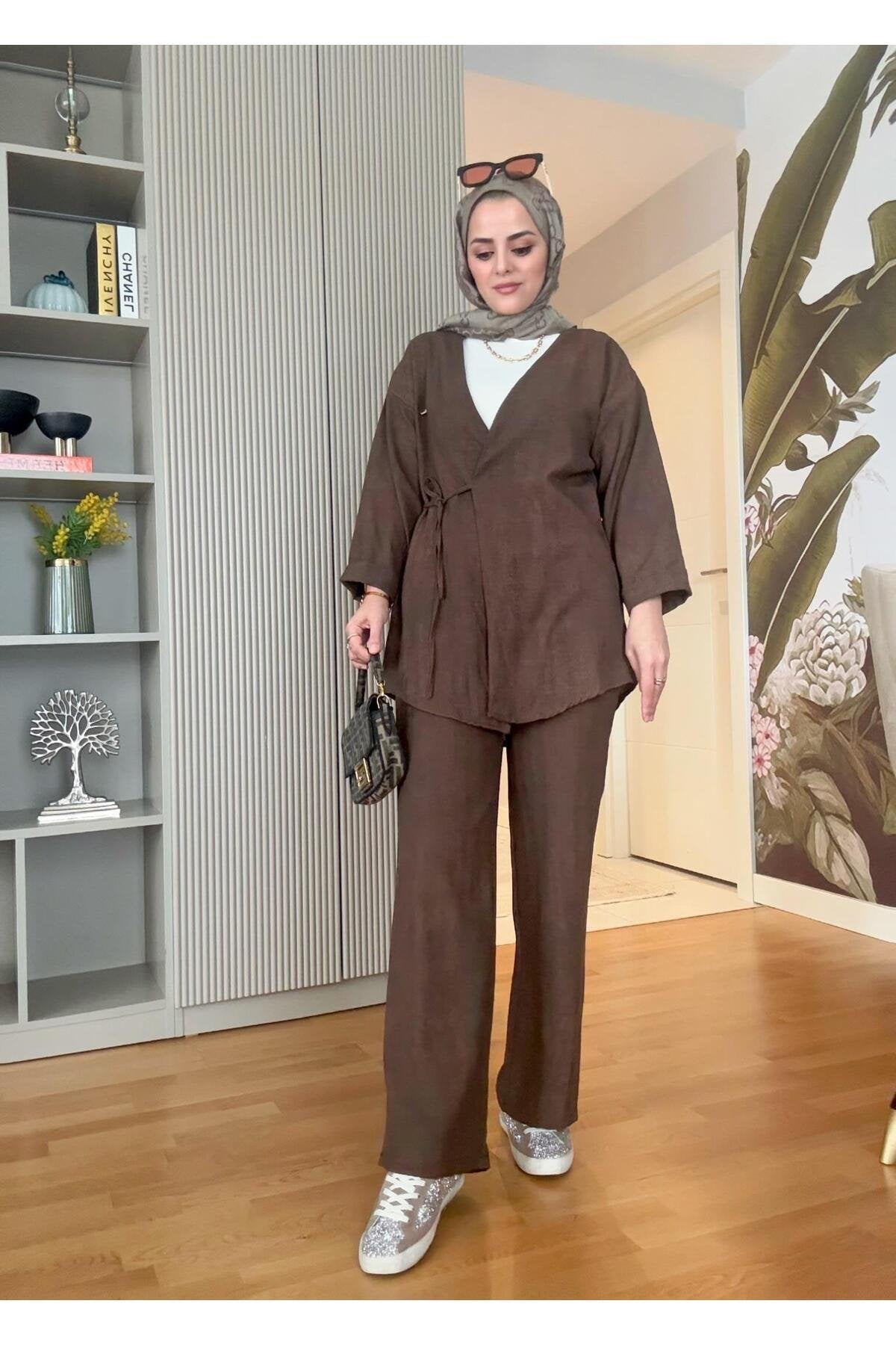 Kimona Pamuklu Bağlamalı Tunik Takım Bej