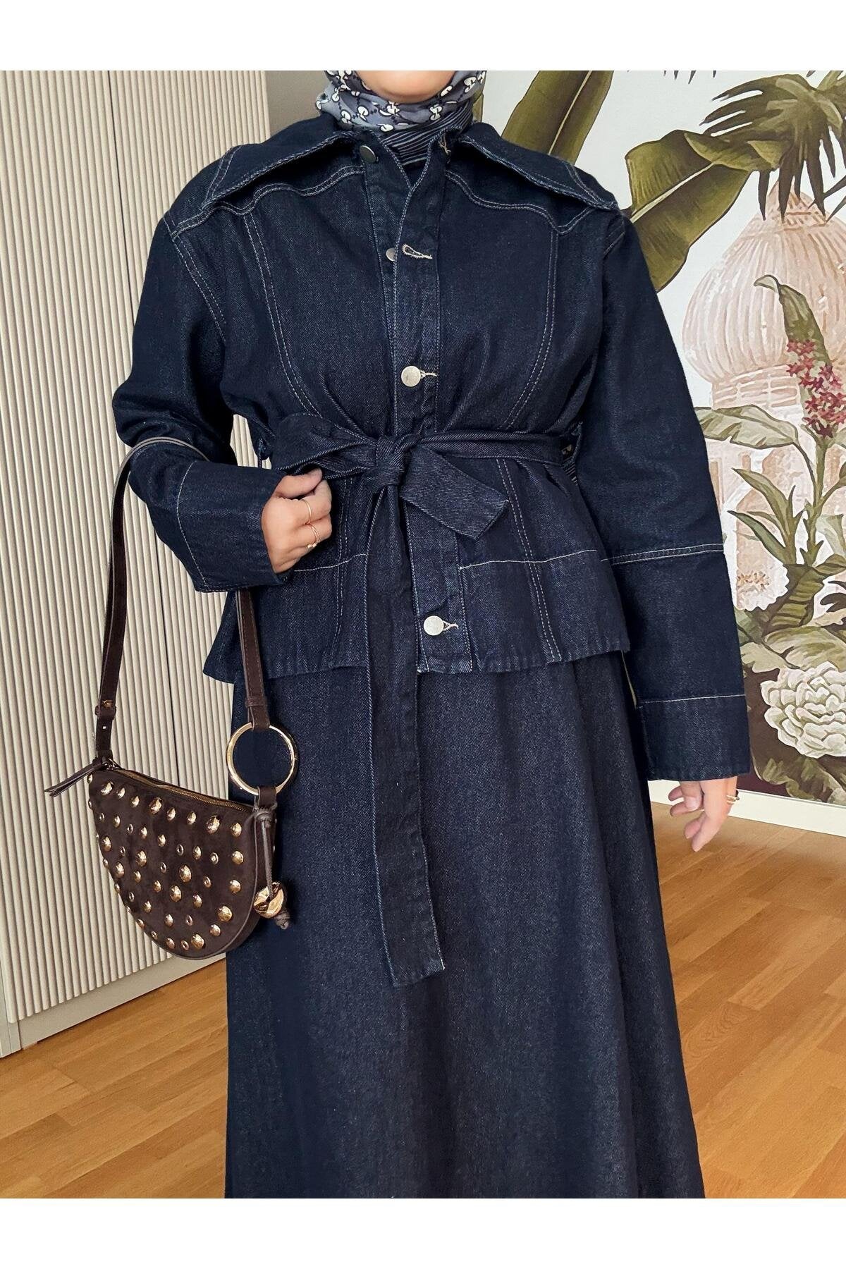 Denim Kuşaklı Çan Etek Takım KoyuMavi