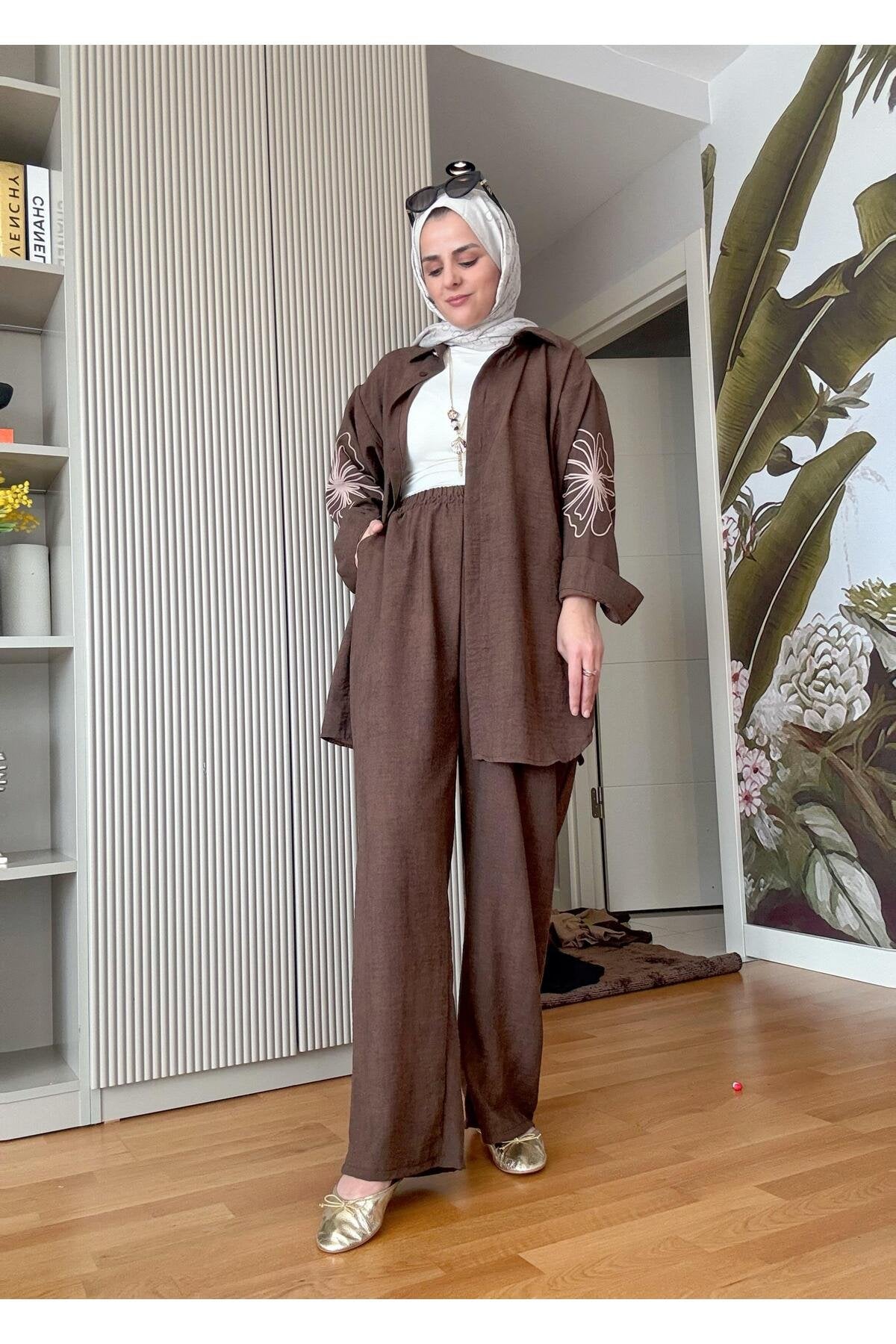Keten Kol Çiçek Baskı  Detaylı Kolyeli Gömlek Takım Yağyeşil