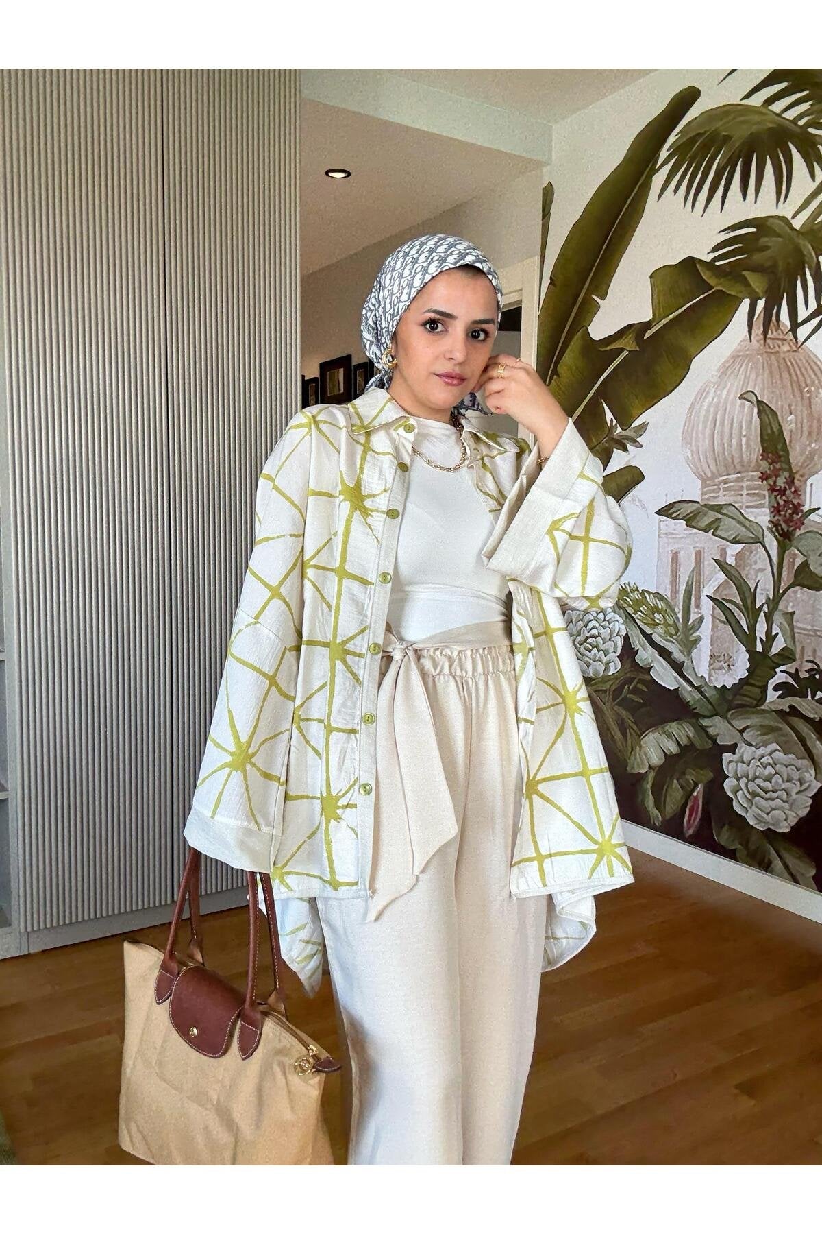 Çizgili Pamuk Keten Kimono Takım | Yazlık Rahat Tesettür İkili Takım Siyah