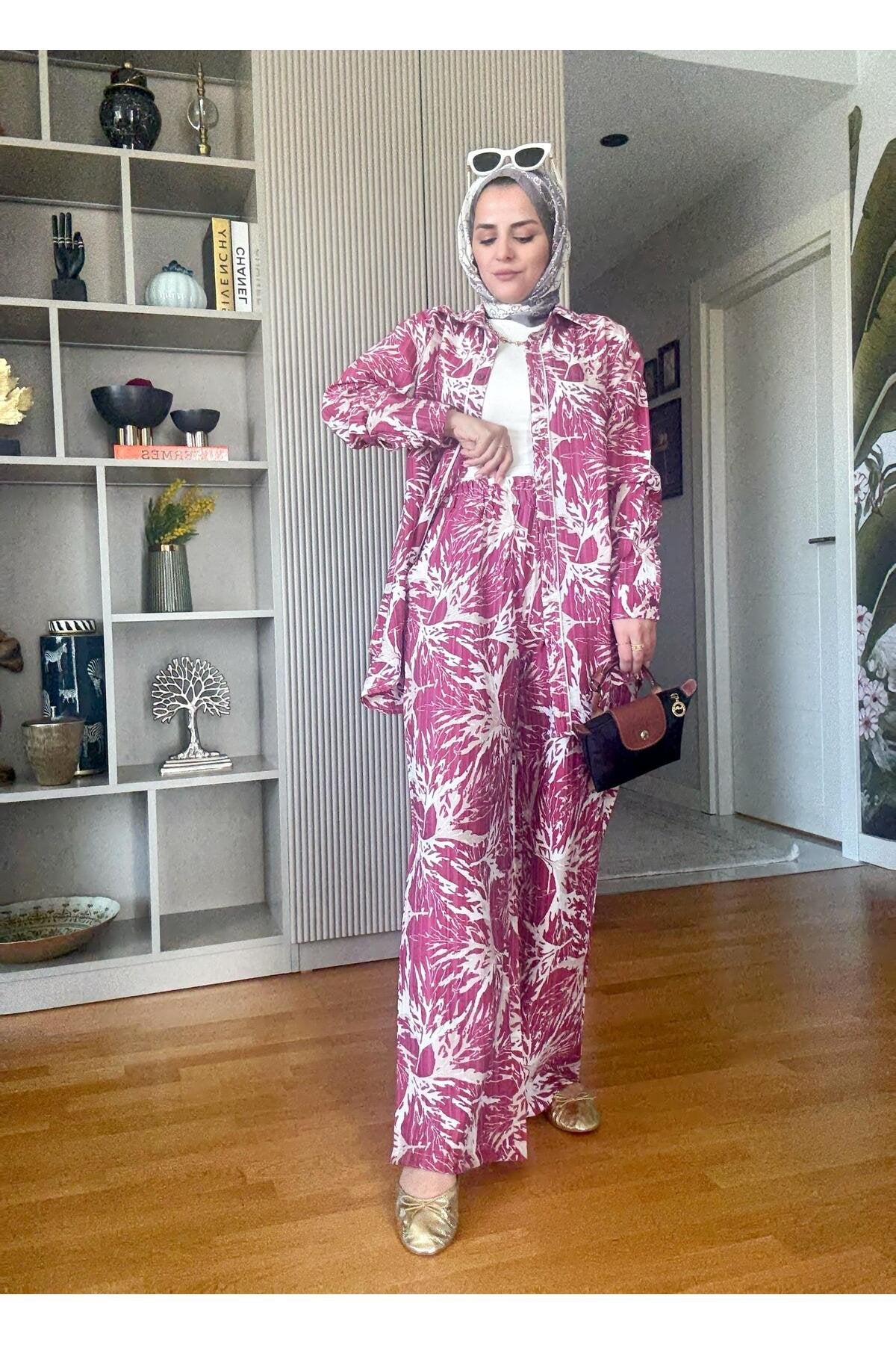 Pamuk Keten Desenli Biyeli Gömlek Takım Pembe