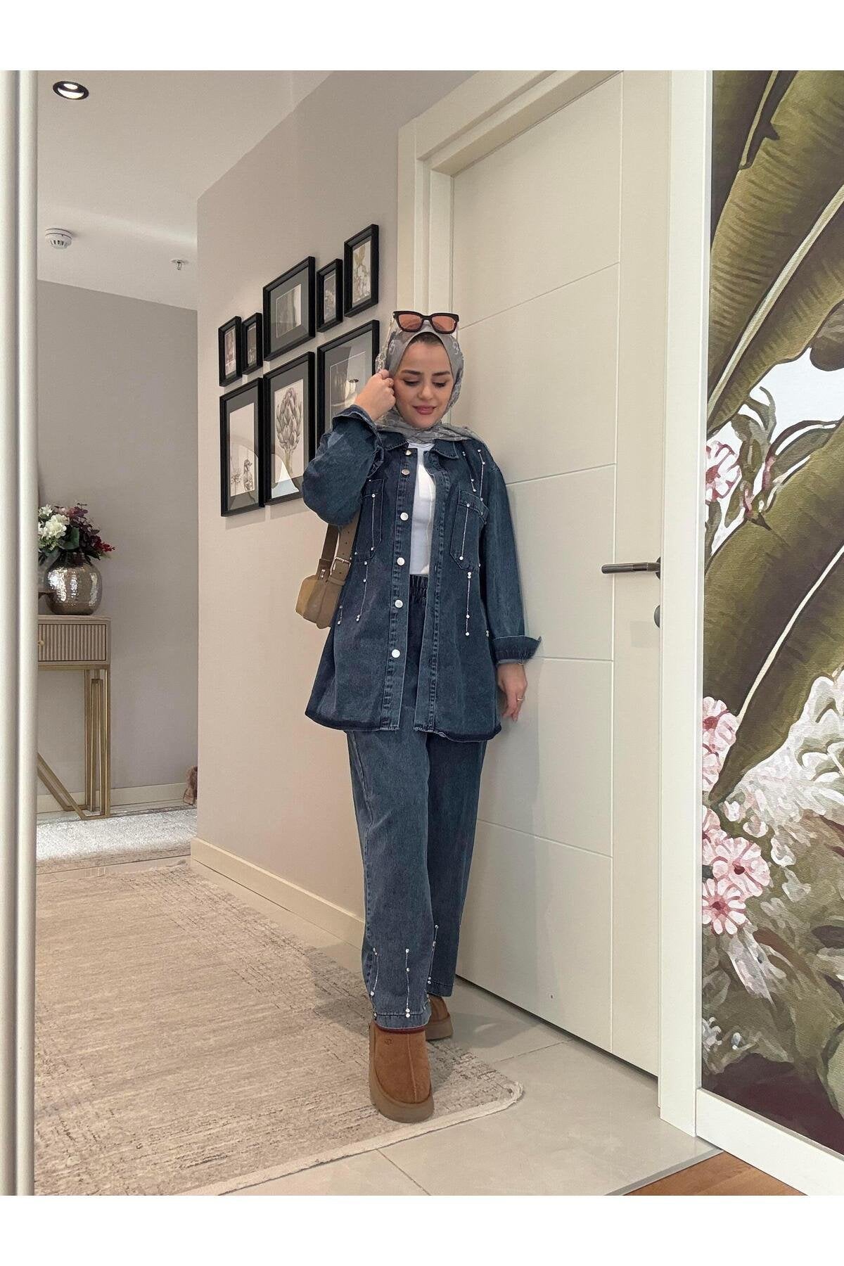 Pantolon-Gömlek  Taş Detaylı   Denim Gömlek İkili Takım Koyu Mavi Kadın Tesettür Giyim