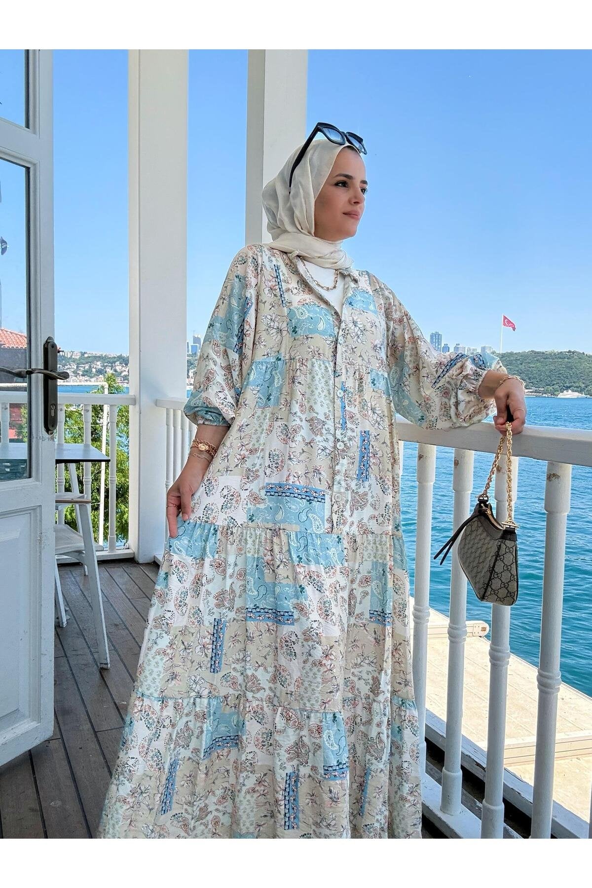 Etnik Desenli Robalı Yazlık Elbise | Düğmeli ve Rahat Kesim Bej-mavi