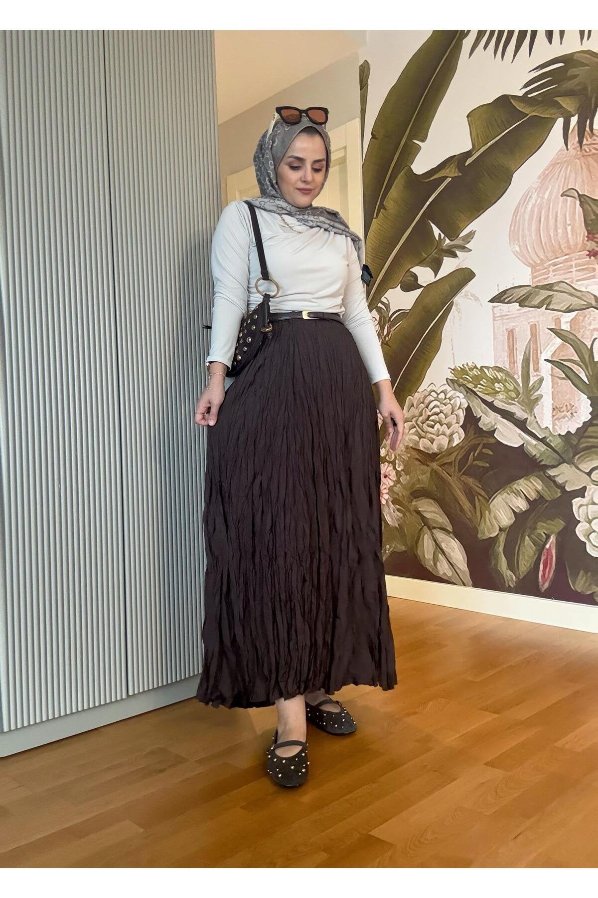 Kırışık Kumaşlı Etekli Takım Lacivert