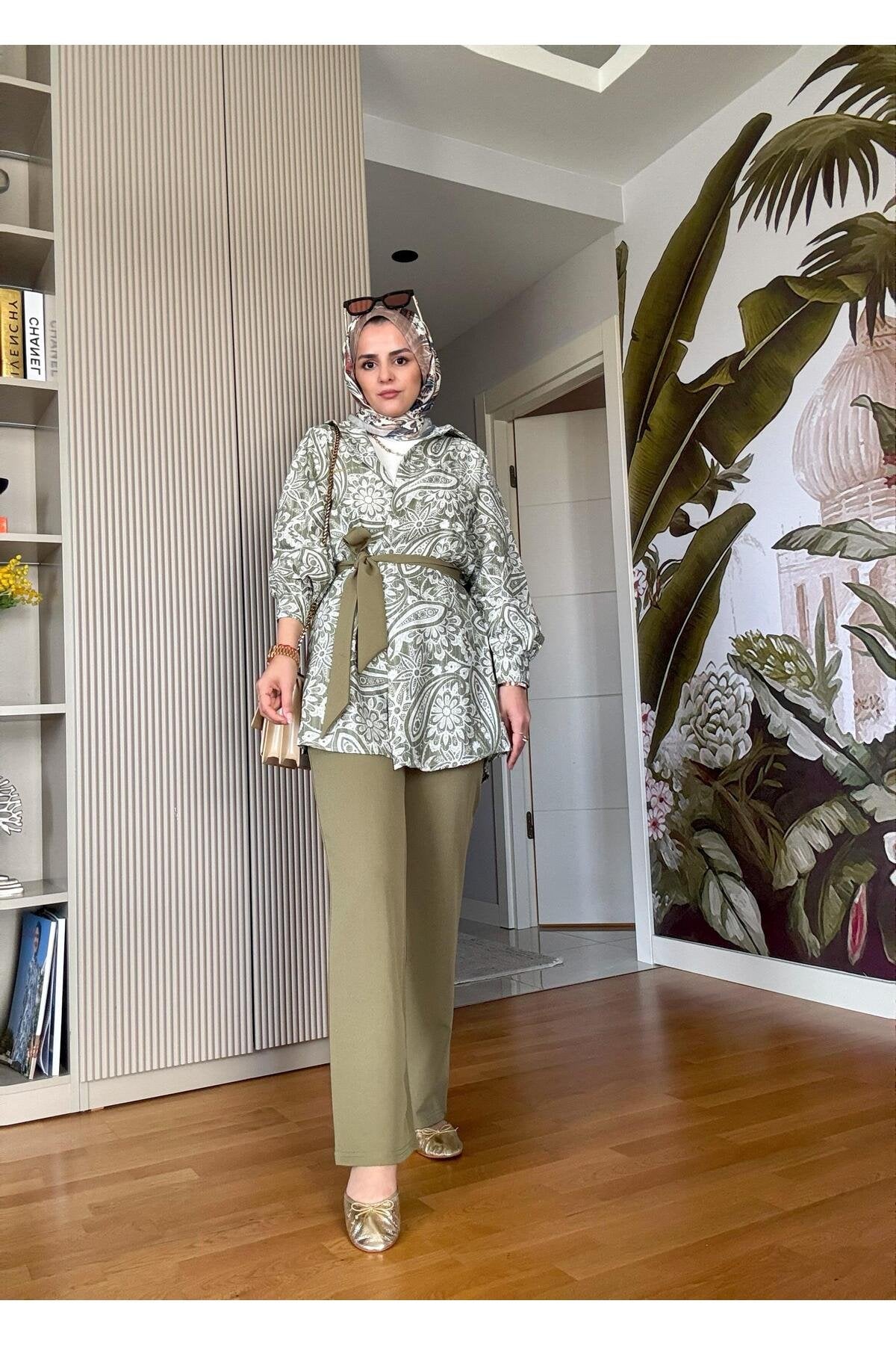 Bahar Pamuklu Gömlek Desenli Krep Pantolon Takım Vizon