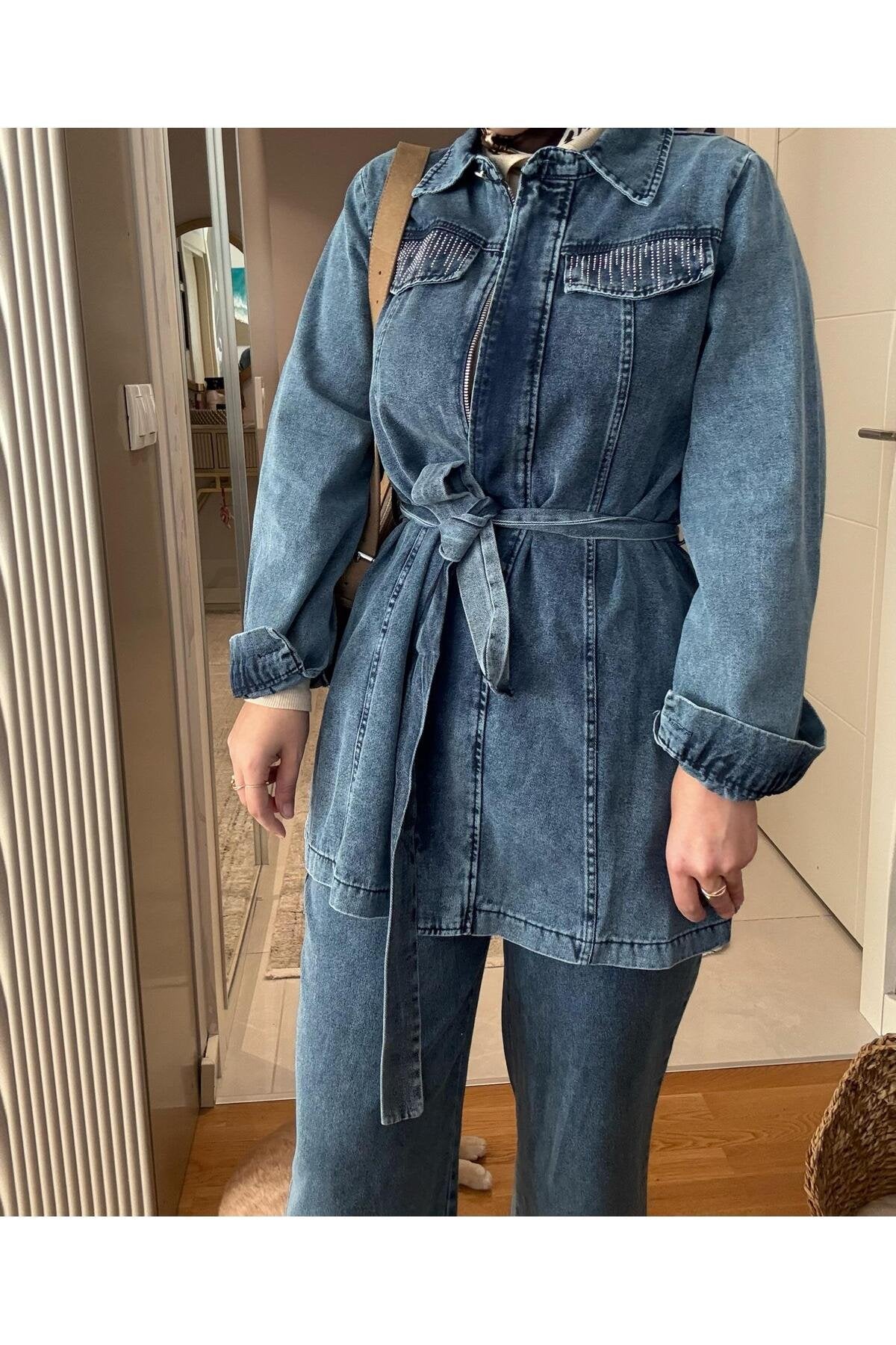 Kemerli Taş Detaylı Denim Gömlek İkili Takım Koyu Mavi