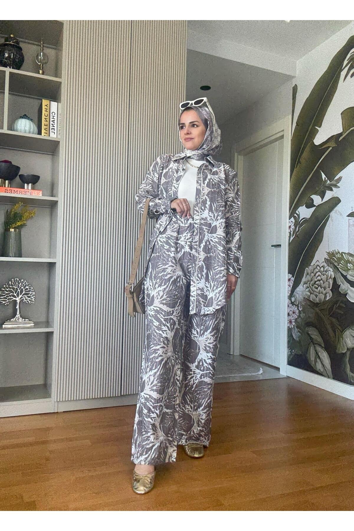 Pamuk Keten Desenli Biyeli Gömlek Takım Pembe