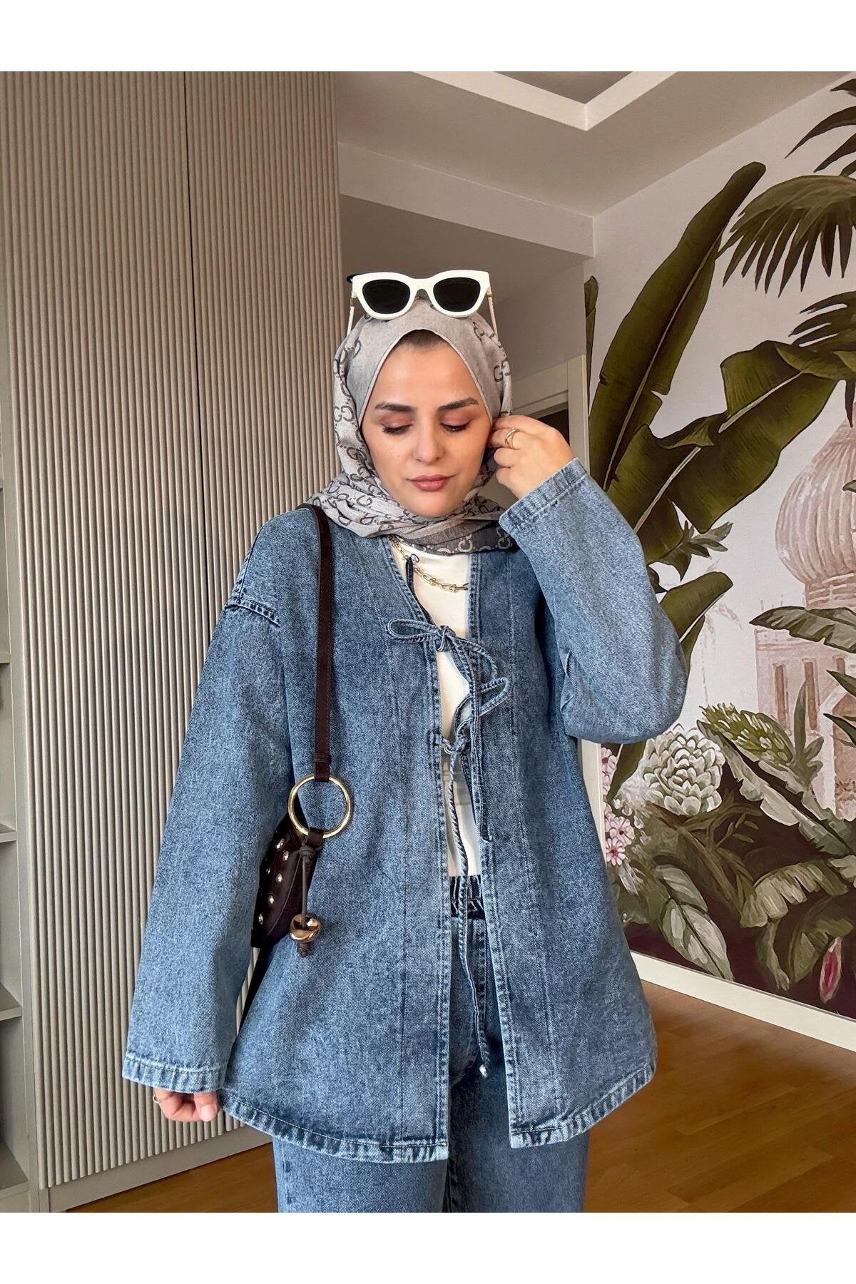 Kurdela ipli Denim Ceket Takım Açık Mavi