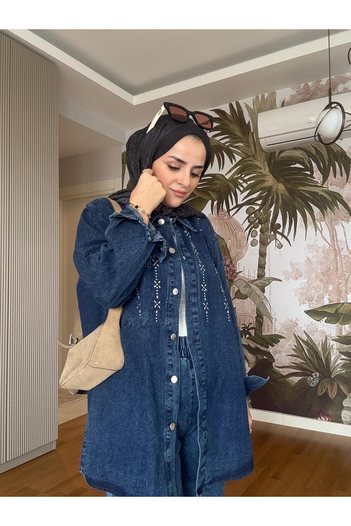 Üçgen Şerit Taş  Detaylı Denim Gömlek İkili Takım Açık  Mavi