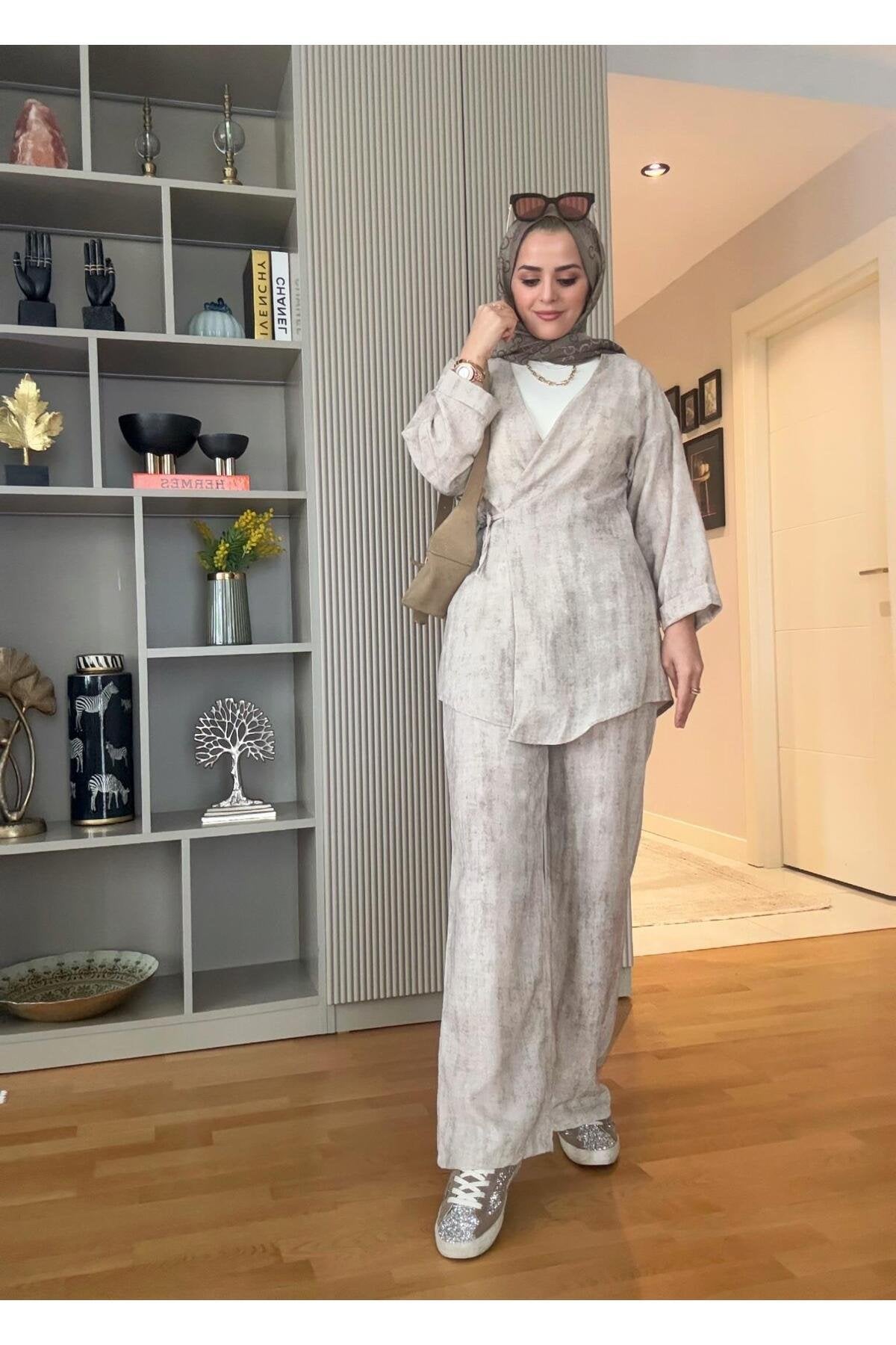 Kimona Pamuklu Bağlamalı Tunik Takım Bej
