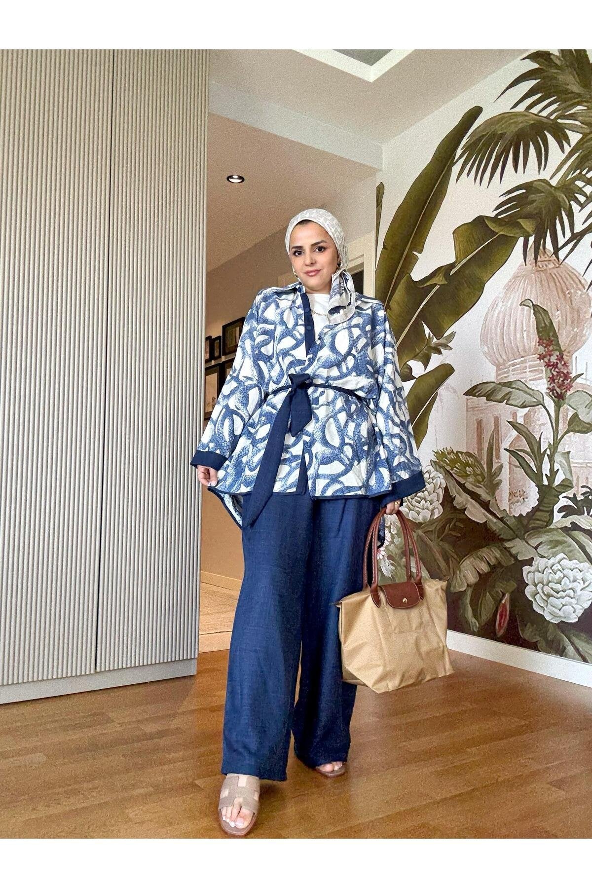 Yılan Desenli Pamuk Keten Kimono Takım | Yazlık Rahat Tesettür İkili Takım Siyah