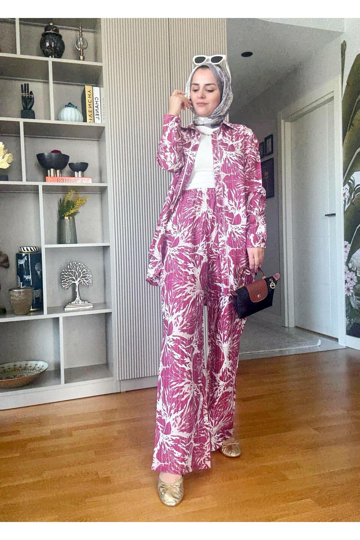 Pamuk Keten Desenli Biyeli Gömlek Takım Pembe