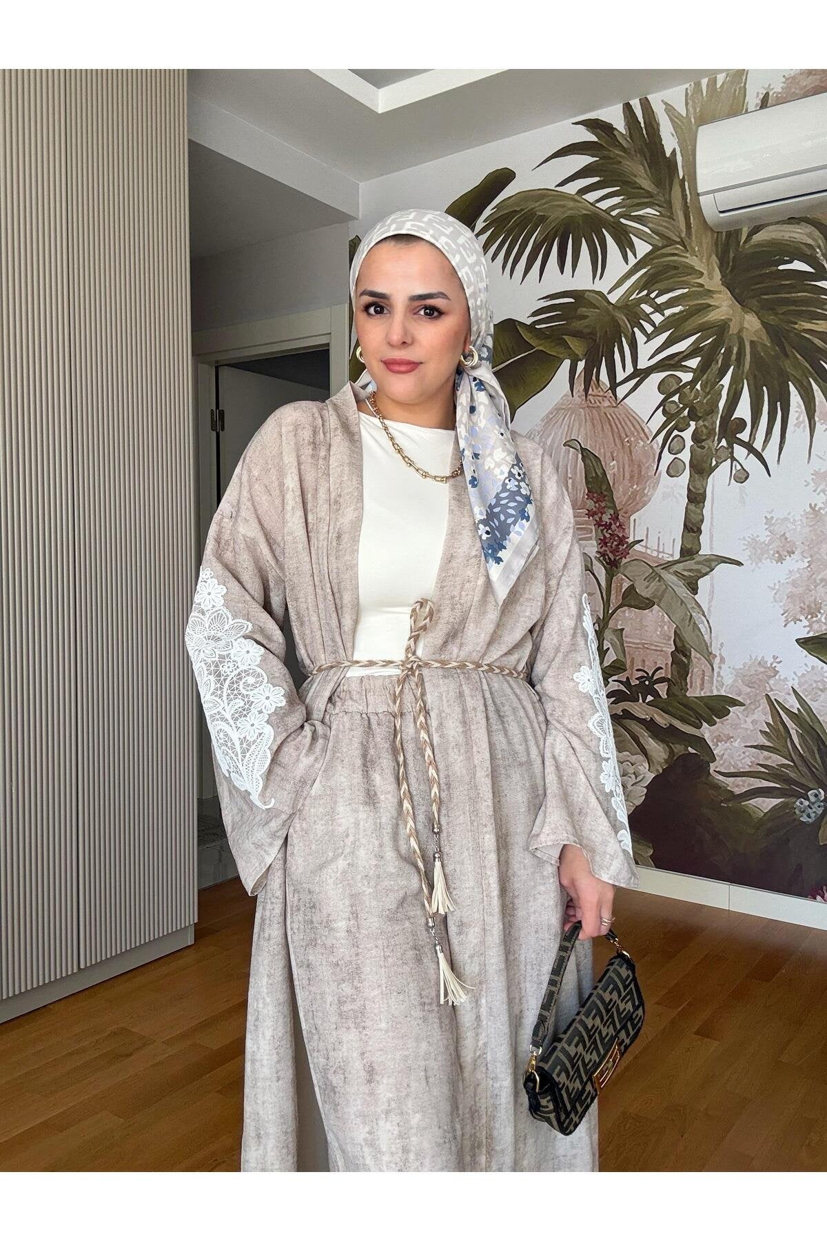 Kimona Pamuklu Kemerli Tunik Takım Siyah