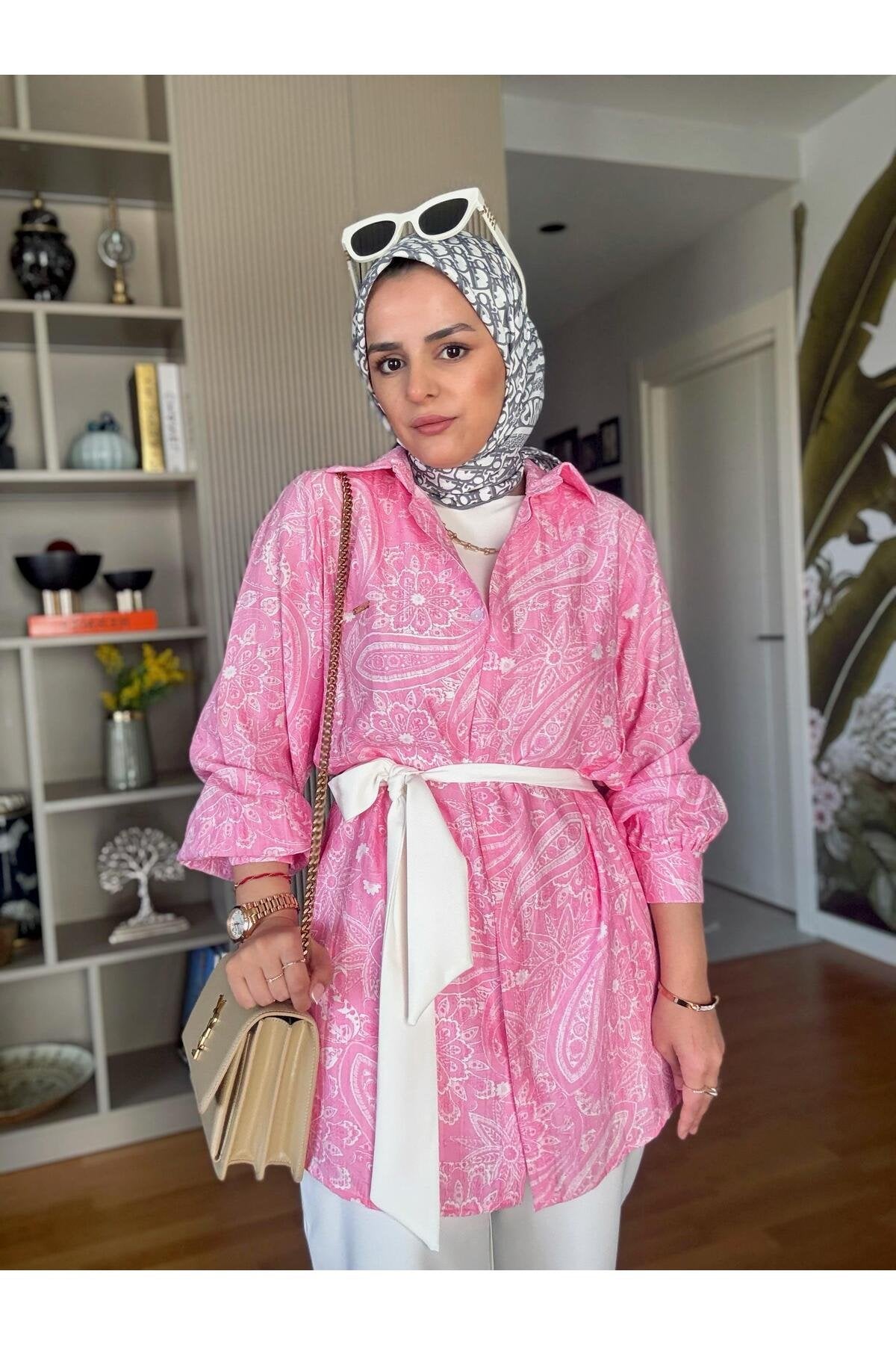 Bahar Pamuklu Gömlek Desenli Krep Pantolon Takım Vizon