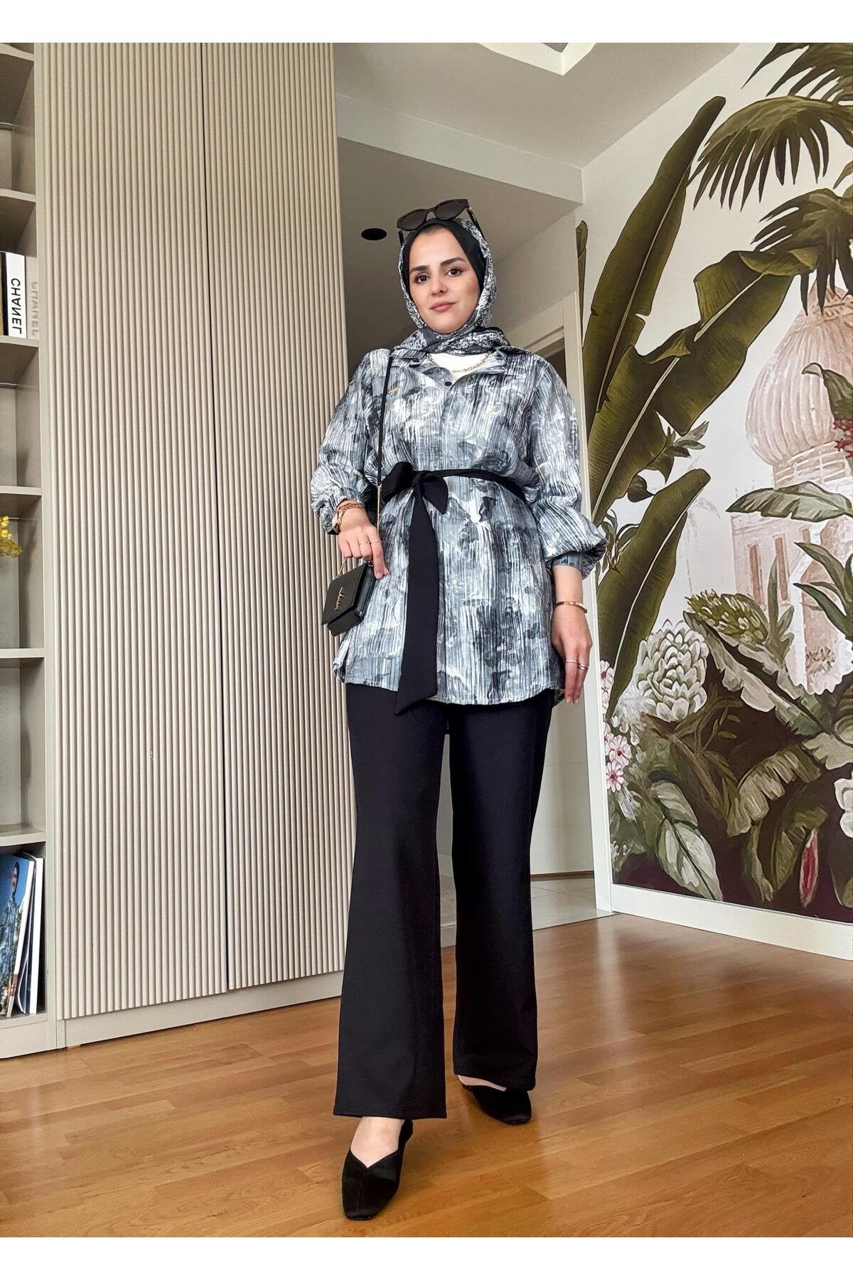 Bella Pamuklu Gömlek Desenli Krep Pantolon Takım Bej