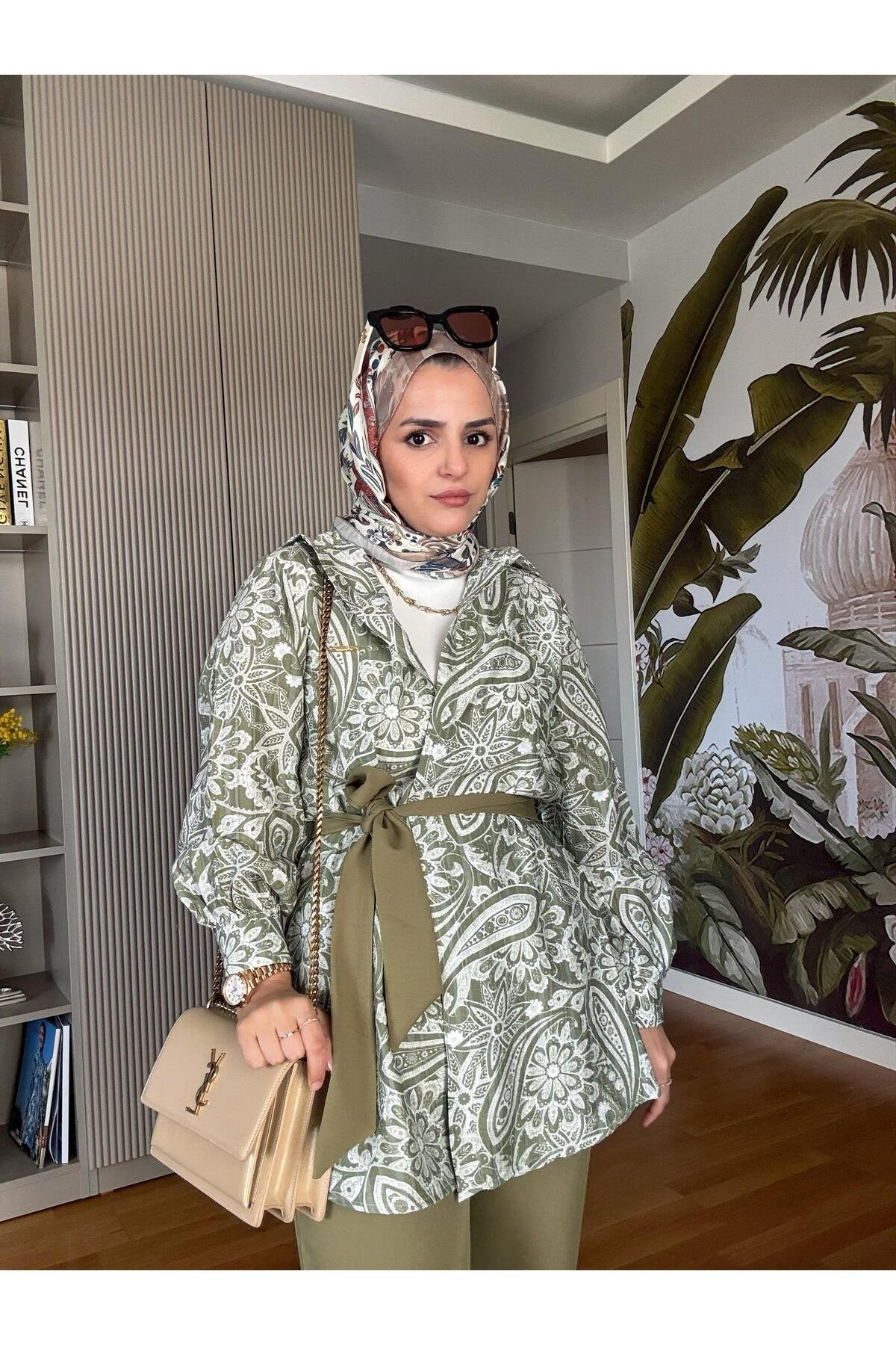 Bahar Pamuklu Gömlek Desenli Krep Pantolon Takım Vizon