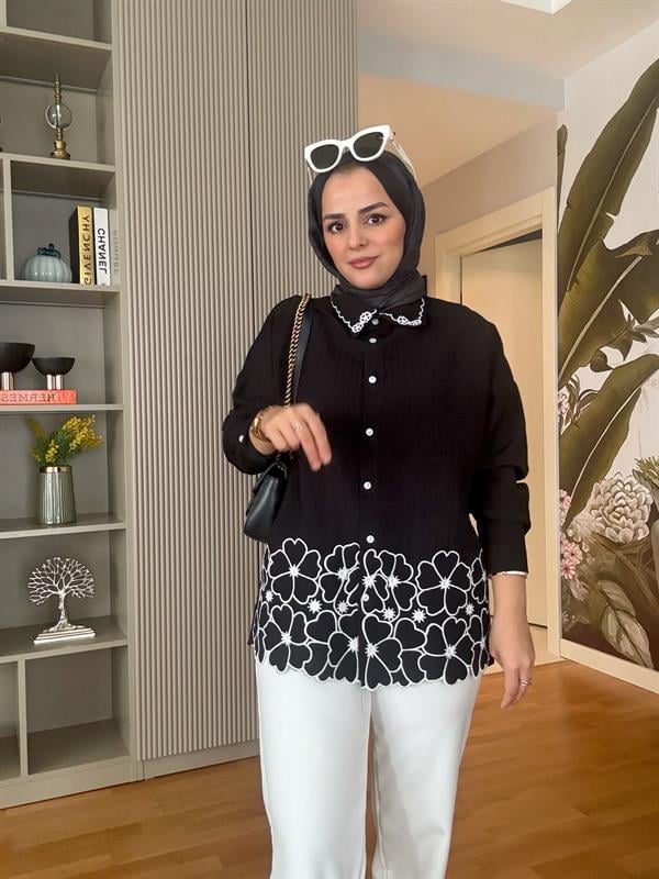Gömlek Çiçekli Nakışlı Pamuklu İkili Takım Siyah