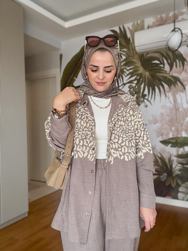 Gömlek Leopar Baskı Pamuklu İkili Takım Kahve