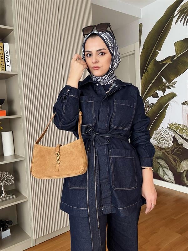 Cepli Denim Kuşaklı Ceket Takım Koyu Mavi