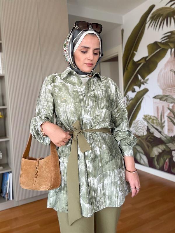 Bella Pamuklu Gömlek Desenli Krep  Pantolon Takım Yeşil
